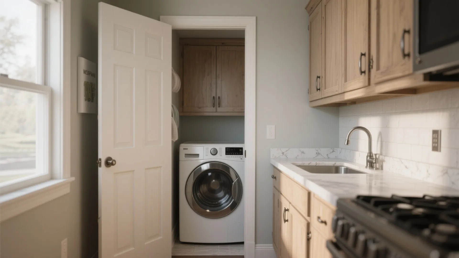 Kitchen with wooden cabinets and white countertop looking through door to a white washing machine