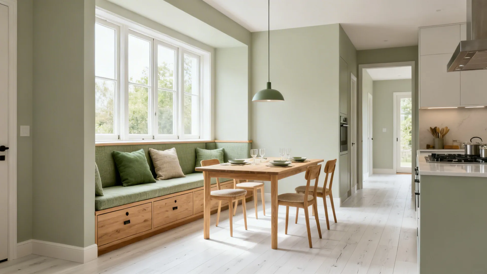 Cozy windowed dining nook with a built-in banquette near the kitchen and open sightlines.