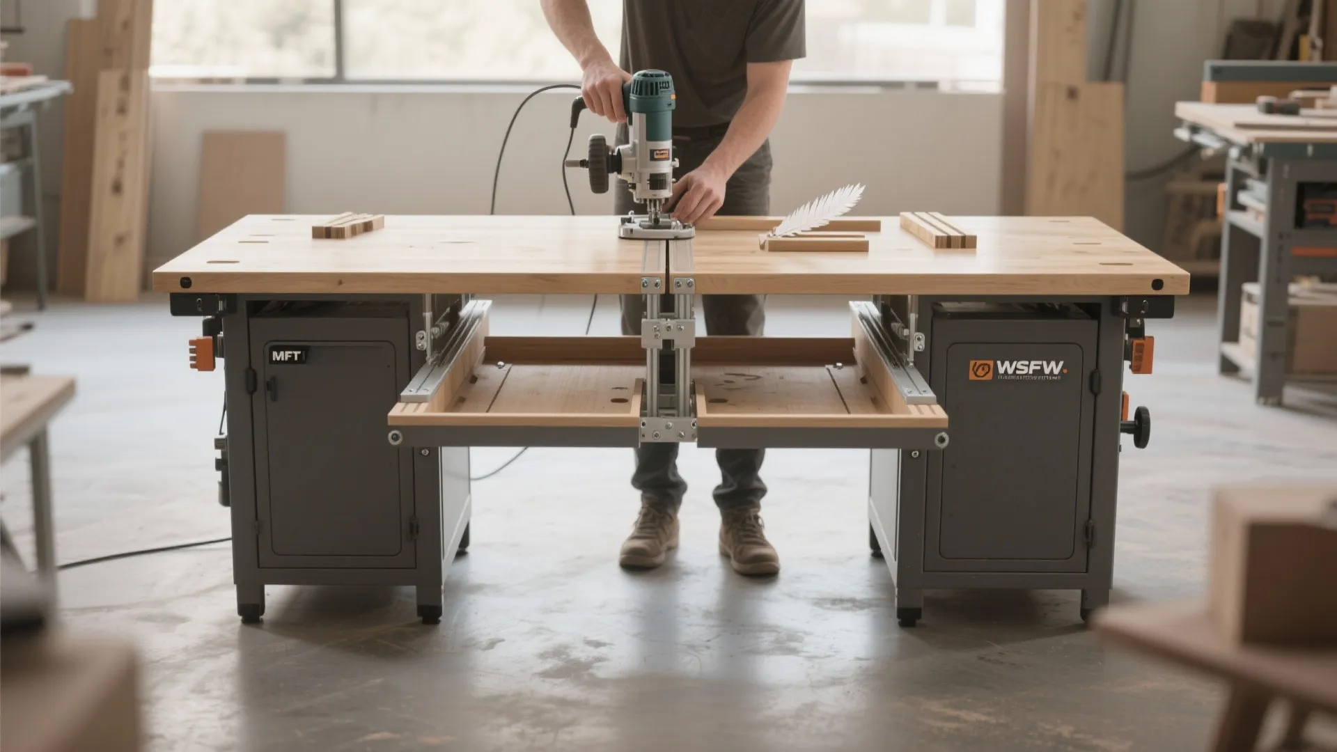 Man using a power tool on a wooden work table with built-in storage and drawers