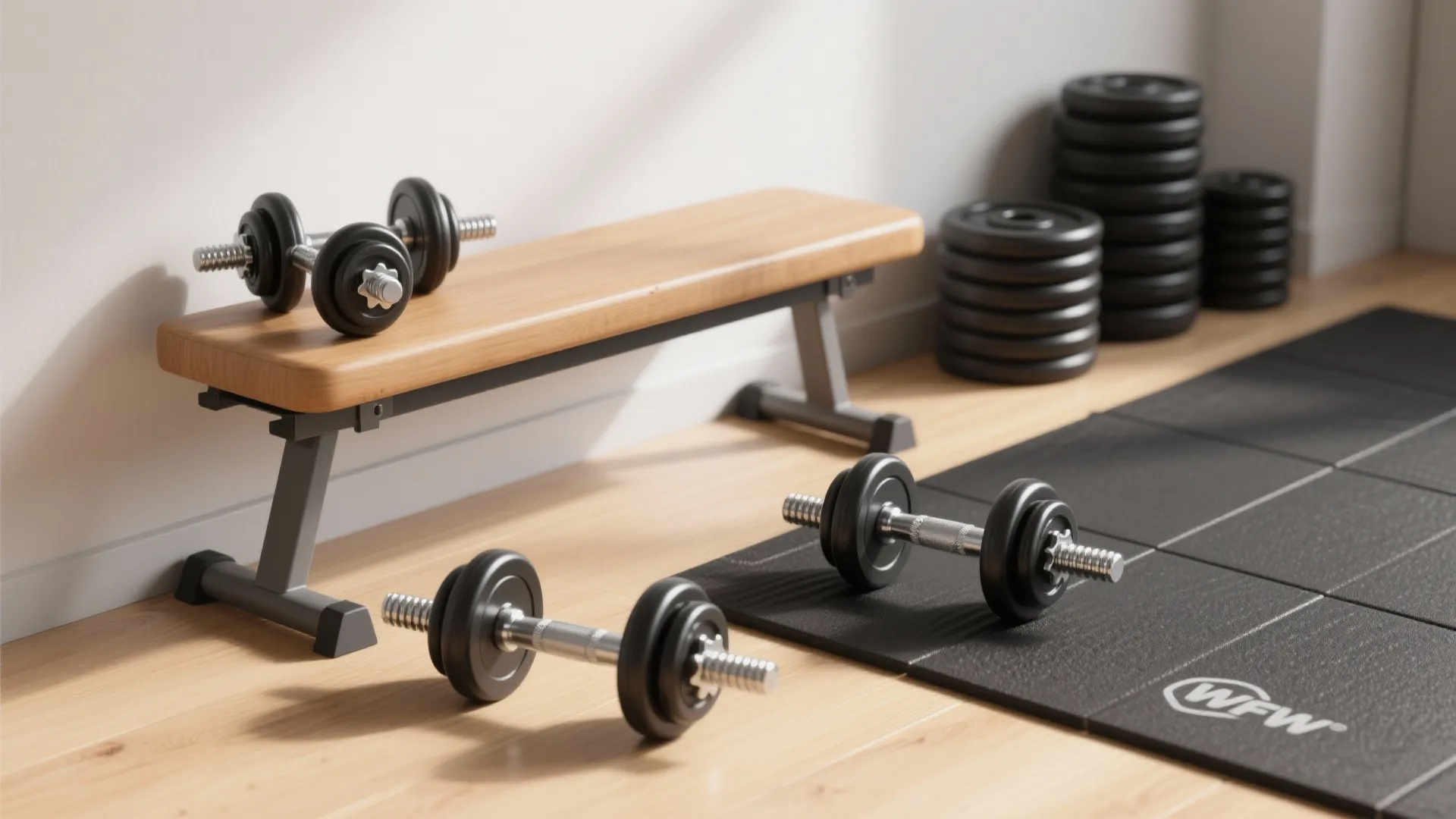 Top-down flatlay of adjustable dumbbells, a folded bench, weight plates, and a protective rubber mat in a compact apartment.