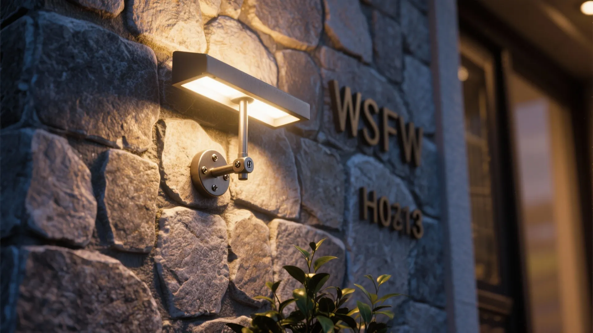 Adjustable accent wall sconce angled to highlight a textured stone wall, creating dramatic shadows and depth.