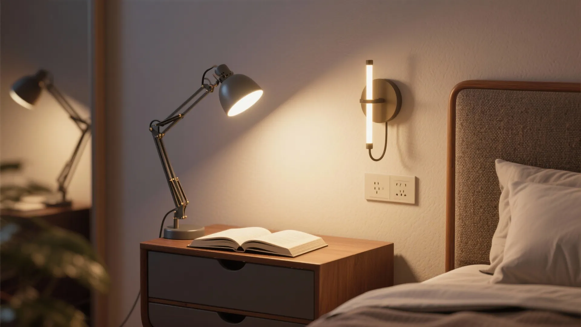 2. Adjustable arm LED sconces beside the bed