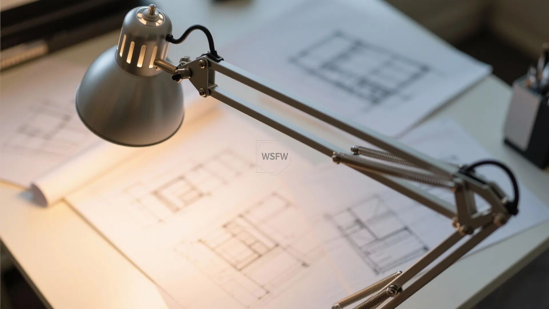 Metal desk light fixture illuminating interior design drawing on a white table in a studio