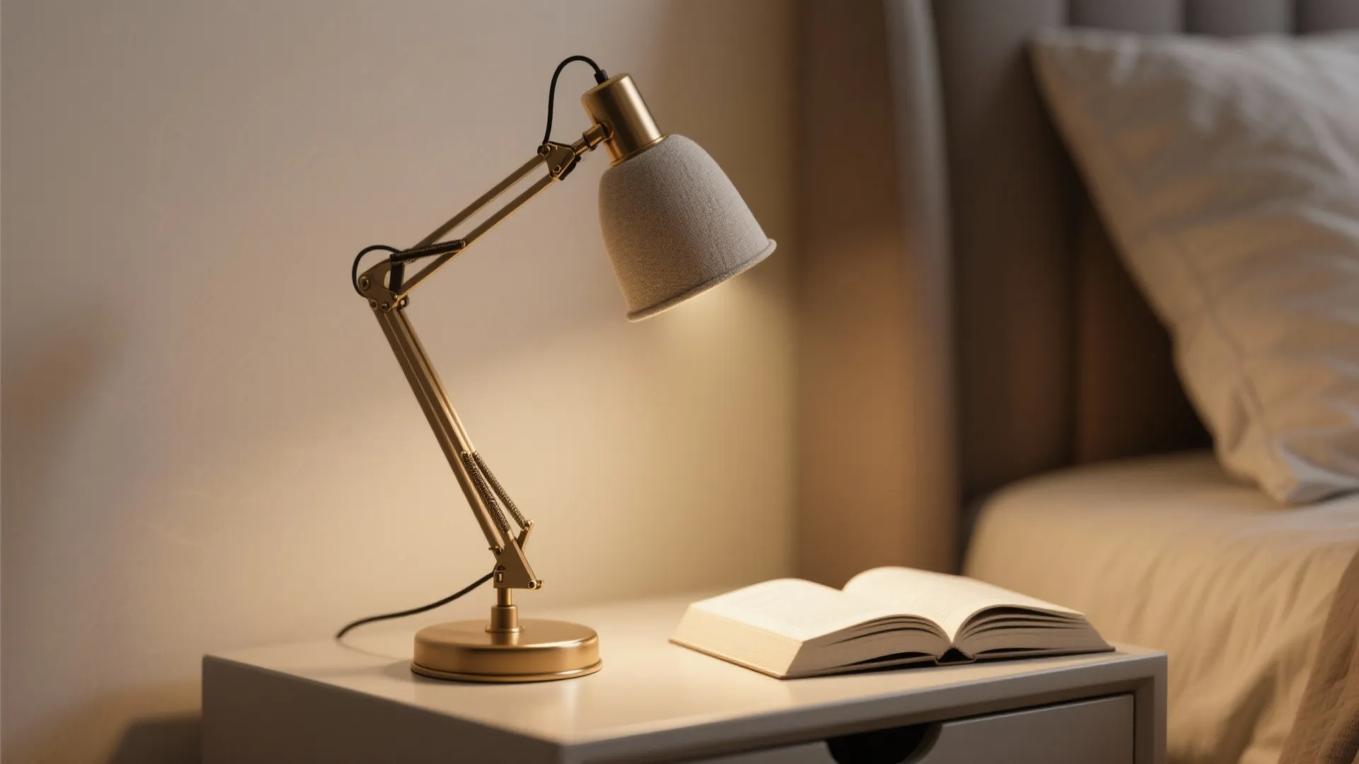 Gold adjustable desk lamp lighting an open book on a white bedside table in bedroom