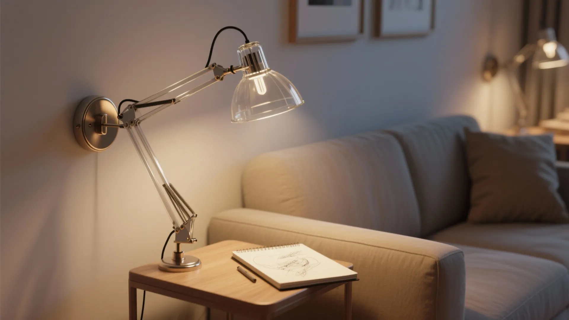 Adjustable glass swing-arm lamp beside a sofa providing targeted reading light.