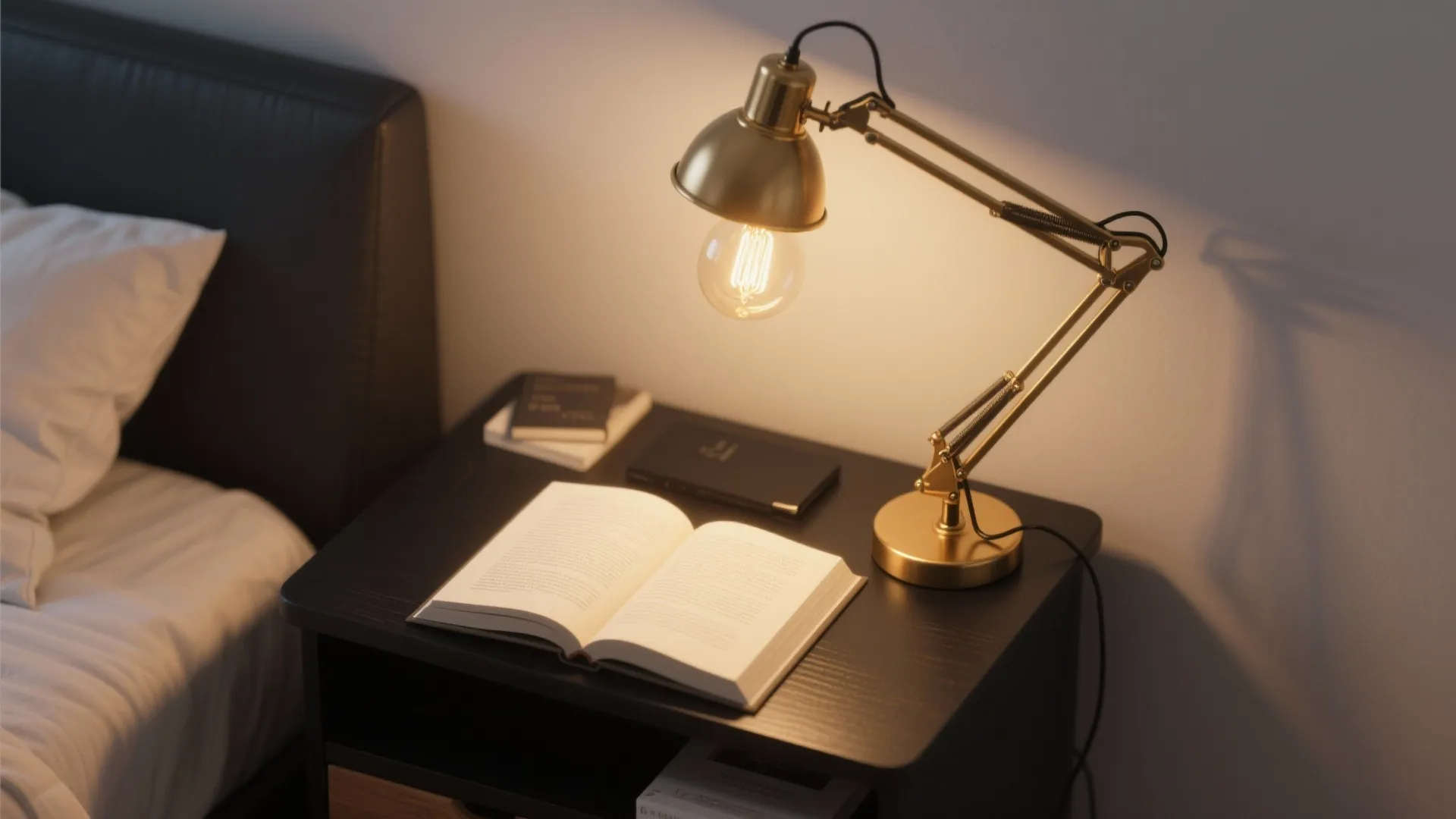 Adjustable-arm Edison table lamp directed onto an open book, combining brass and matte black finishes.