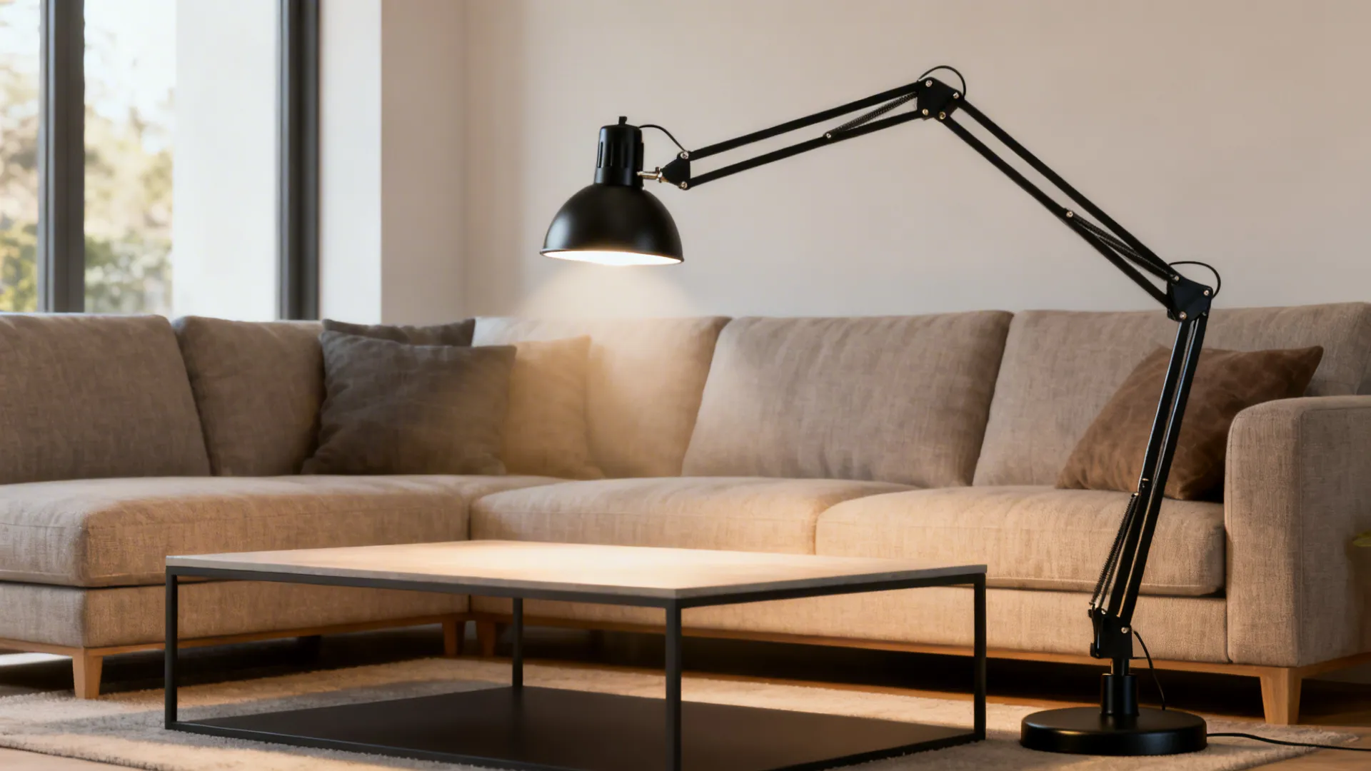 Matte black adjustable arm lamp positioned over a low-profile sofa and coffee table
