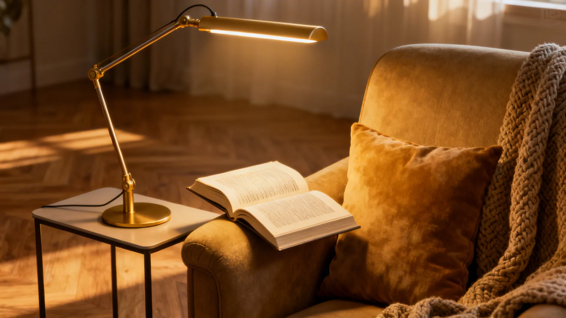 Adjustable arm lamp directed over an armchair for focused reading light