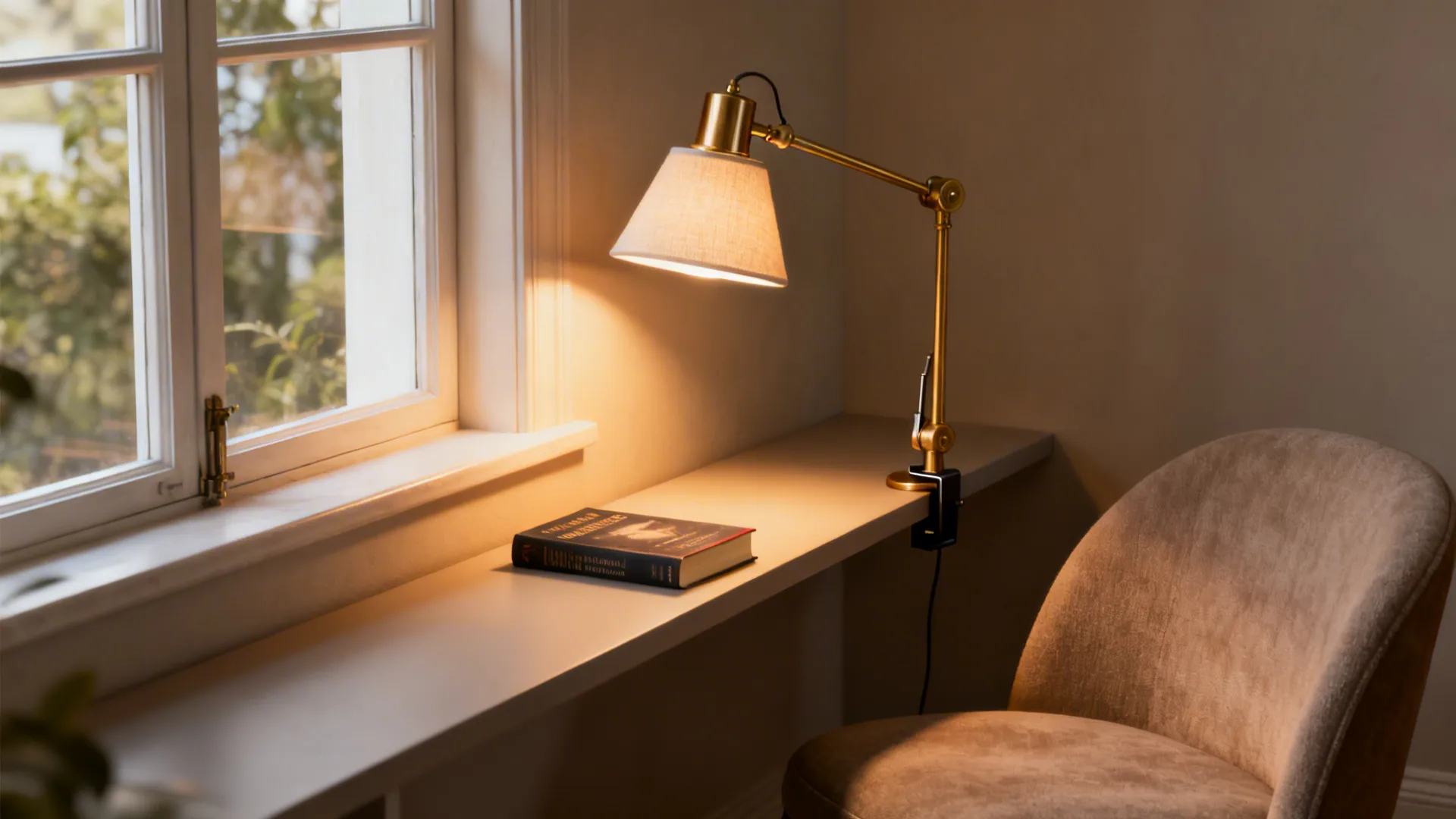 Adjustable arm lamp on a narrow console lighting a cozy reading nook with warm brass finishes.