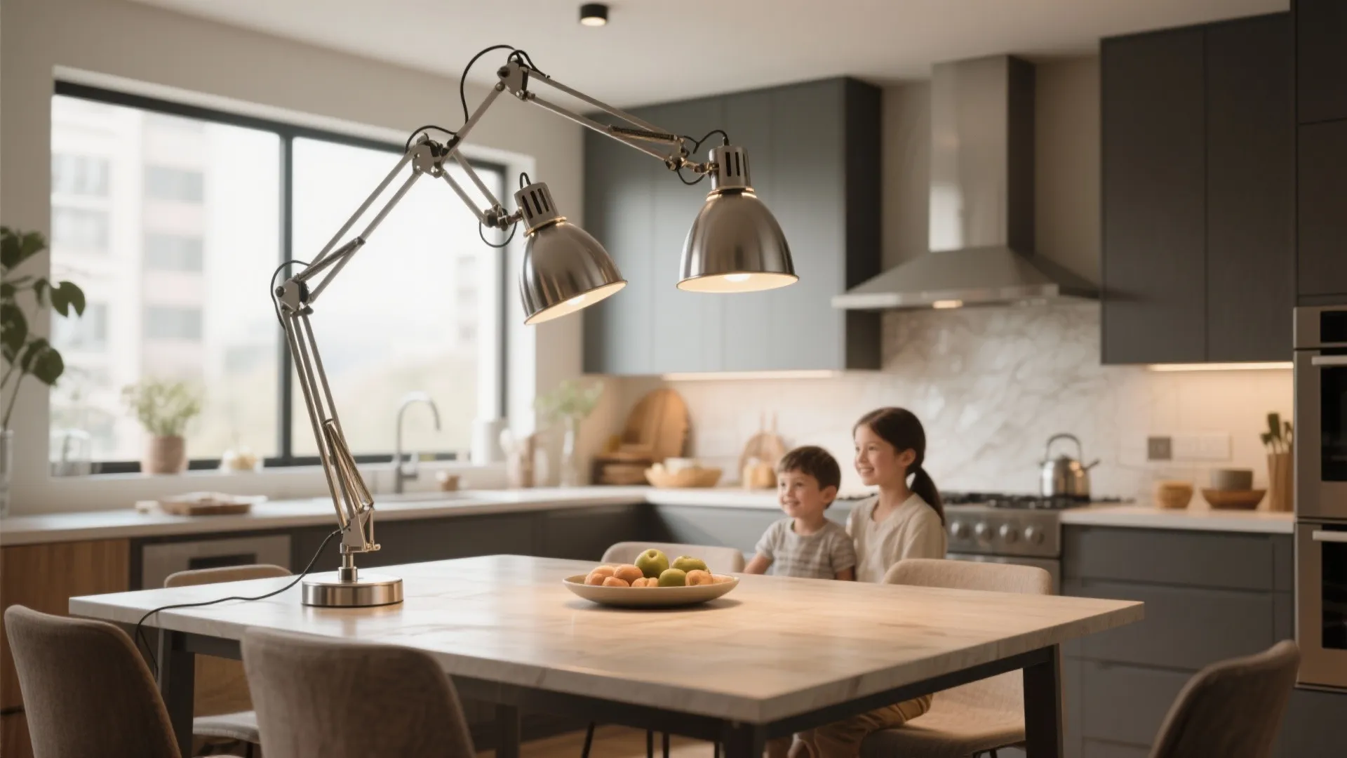 Silver adjustable desk lamp on dining table in modern kitchen with children in the background