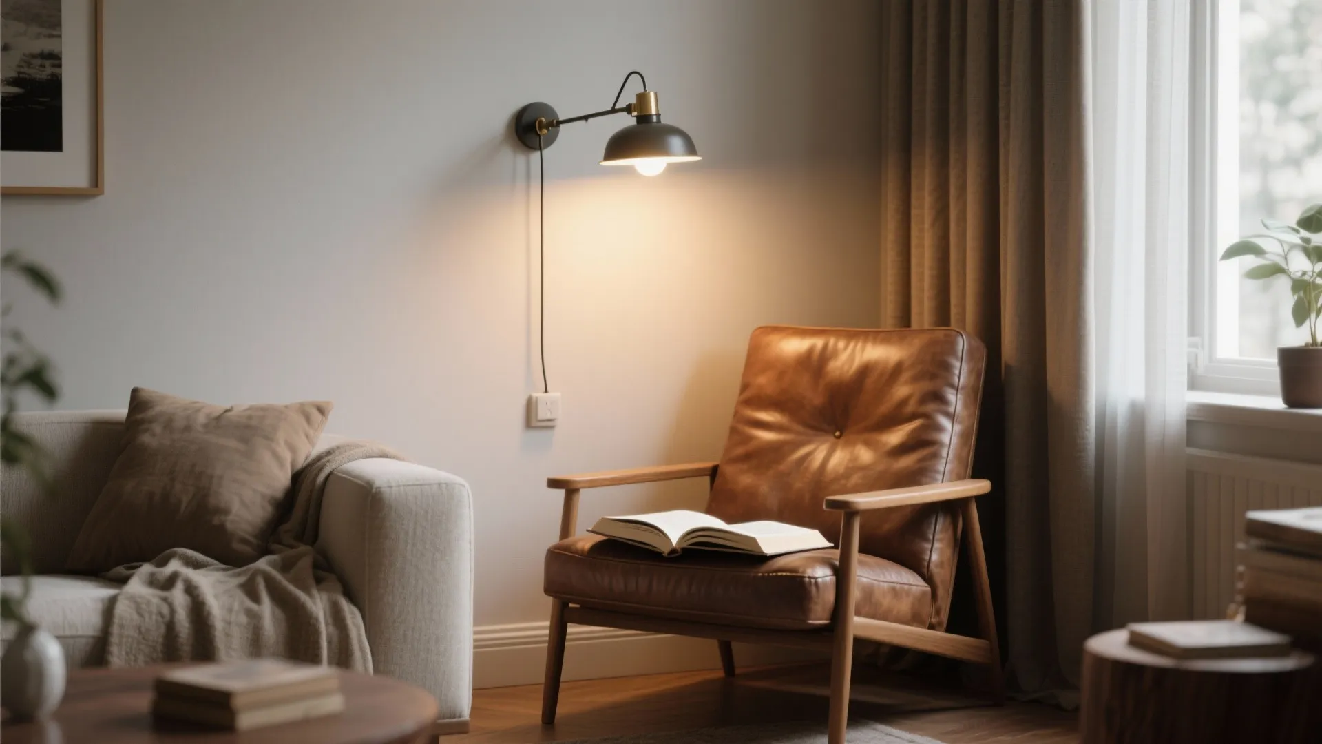 Adjustable arm wall sconce above vintage leather chair in reading nook