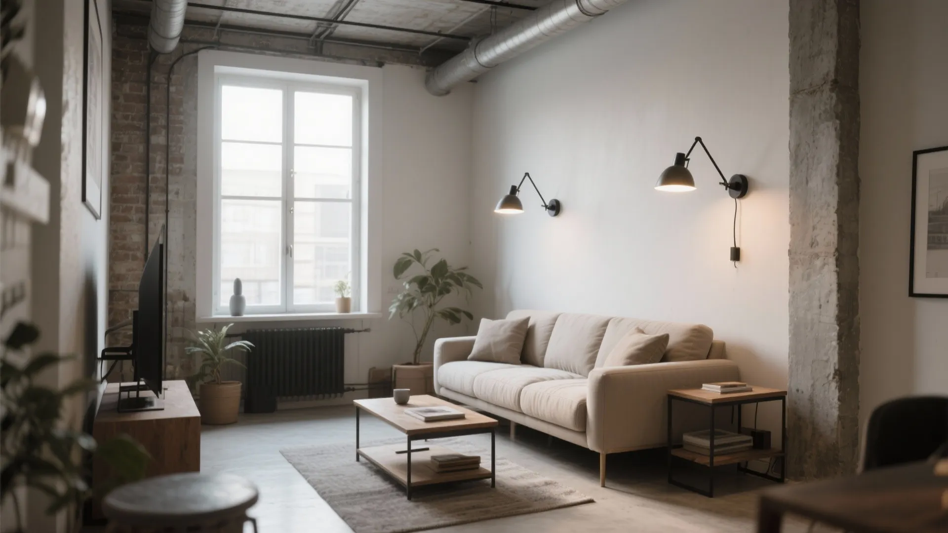 Living room with adjustable arm wall sconce above loveseat