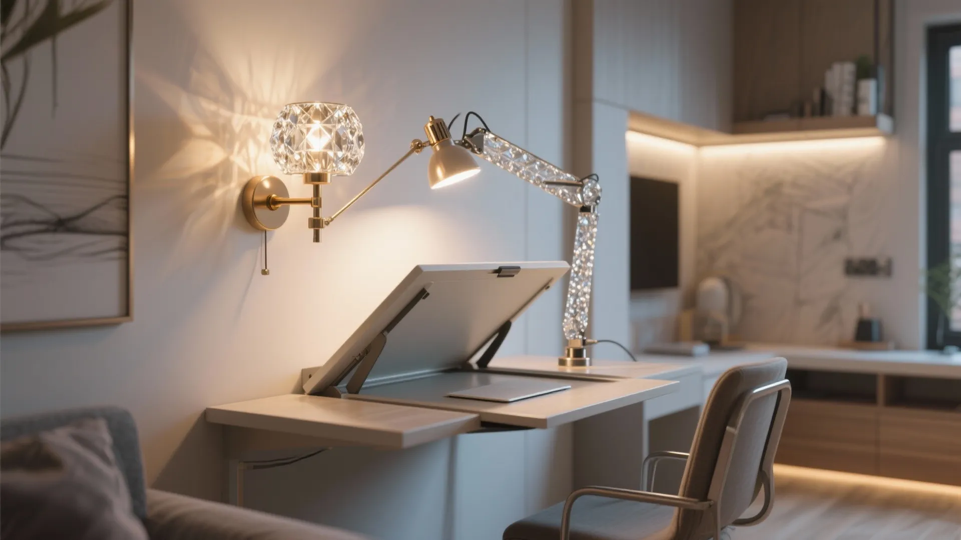 5. Adjustable-arm crystal sconce for multifunctional spaces