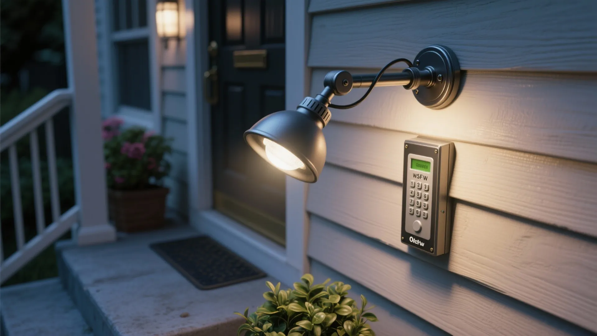 Black adjustable wall light shining bright yellow light on a security keypad near a front door