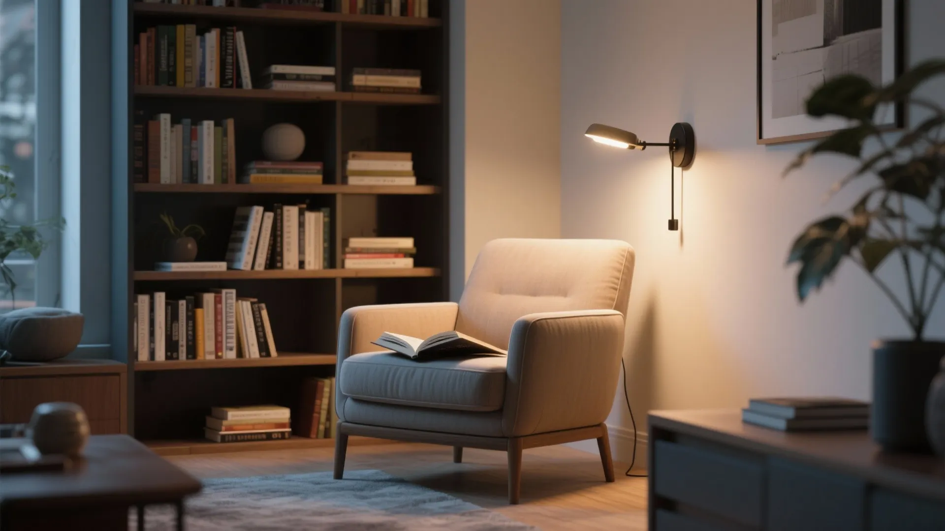 Cozy reading nook with beige armchair black wall light wooden bookshelf and book on the seat