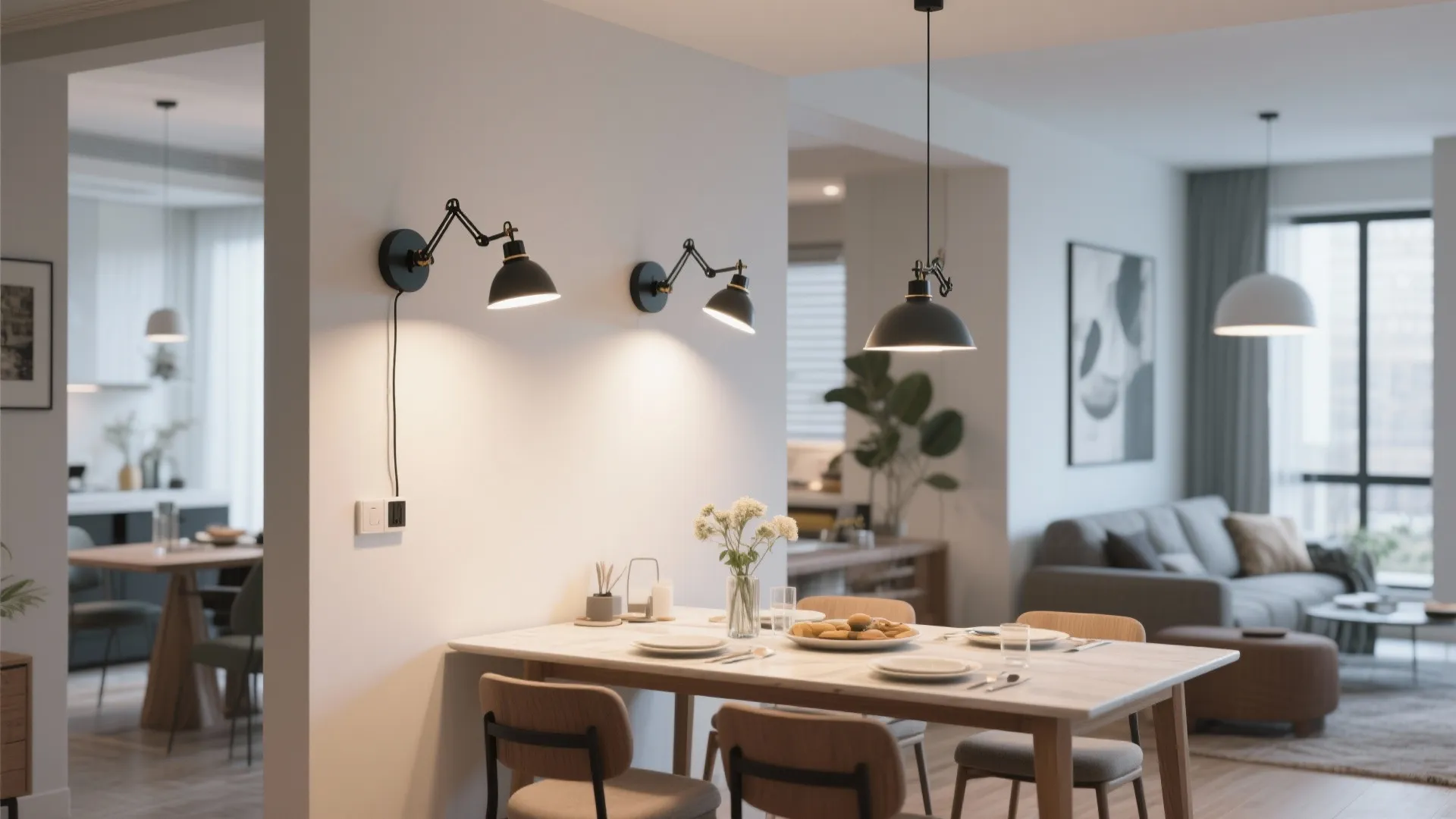 Dining area with adjustable arm sconces for flexible lighting