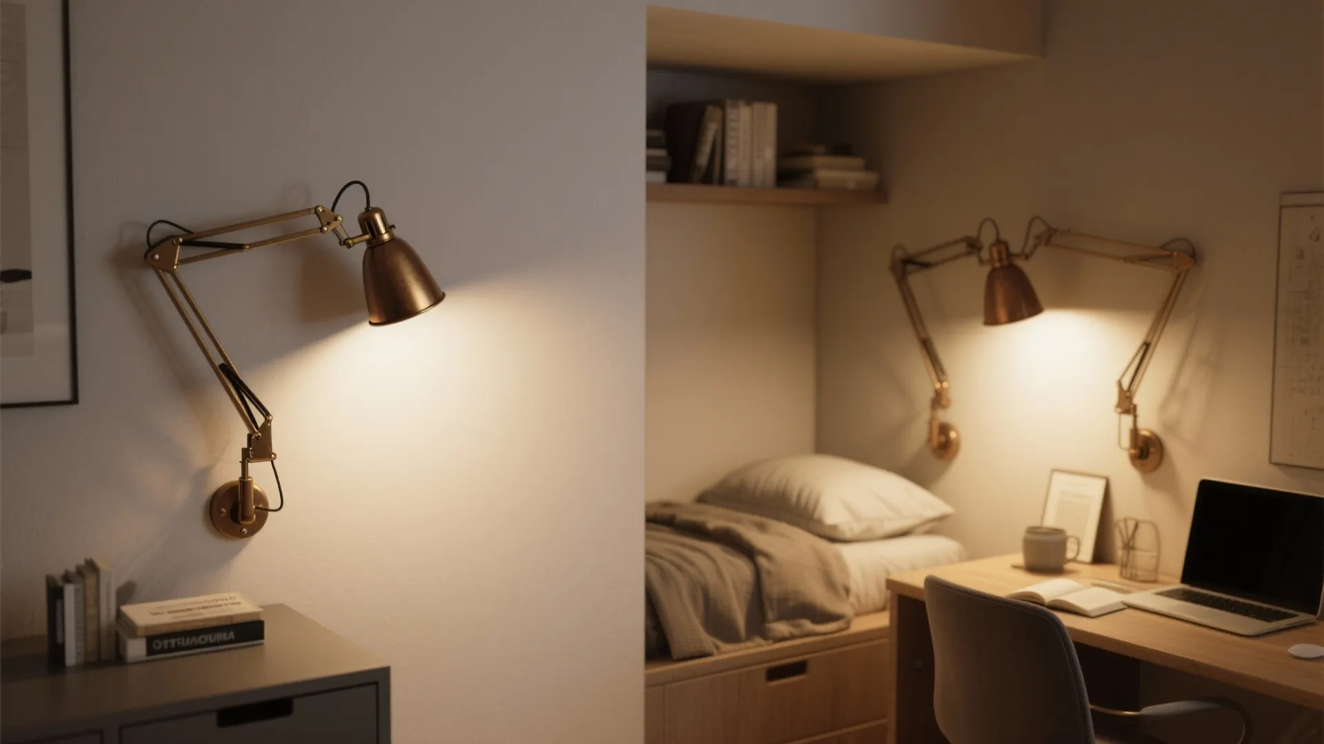 Modern bedroom and workspace featuring adjustable gold wall light above a wooden desk and bed