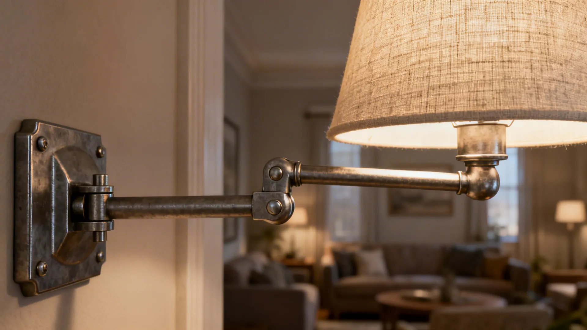 Close-up of an adjustable-arm wall lamp with a large shade and reinforced bracket in a cozy living room.