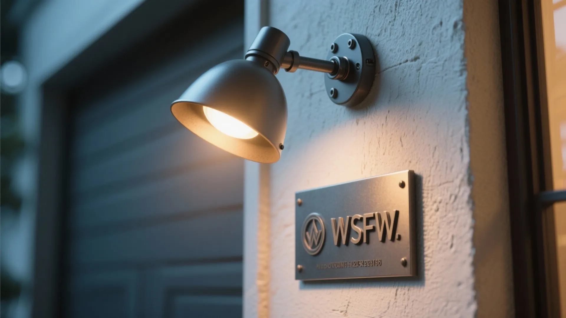 Grey spotlight wall light shining on a metal sign plate fixed to a white wall
