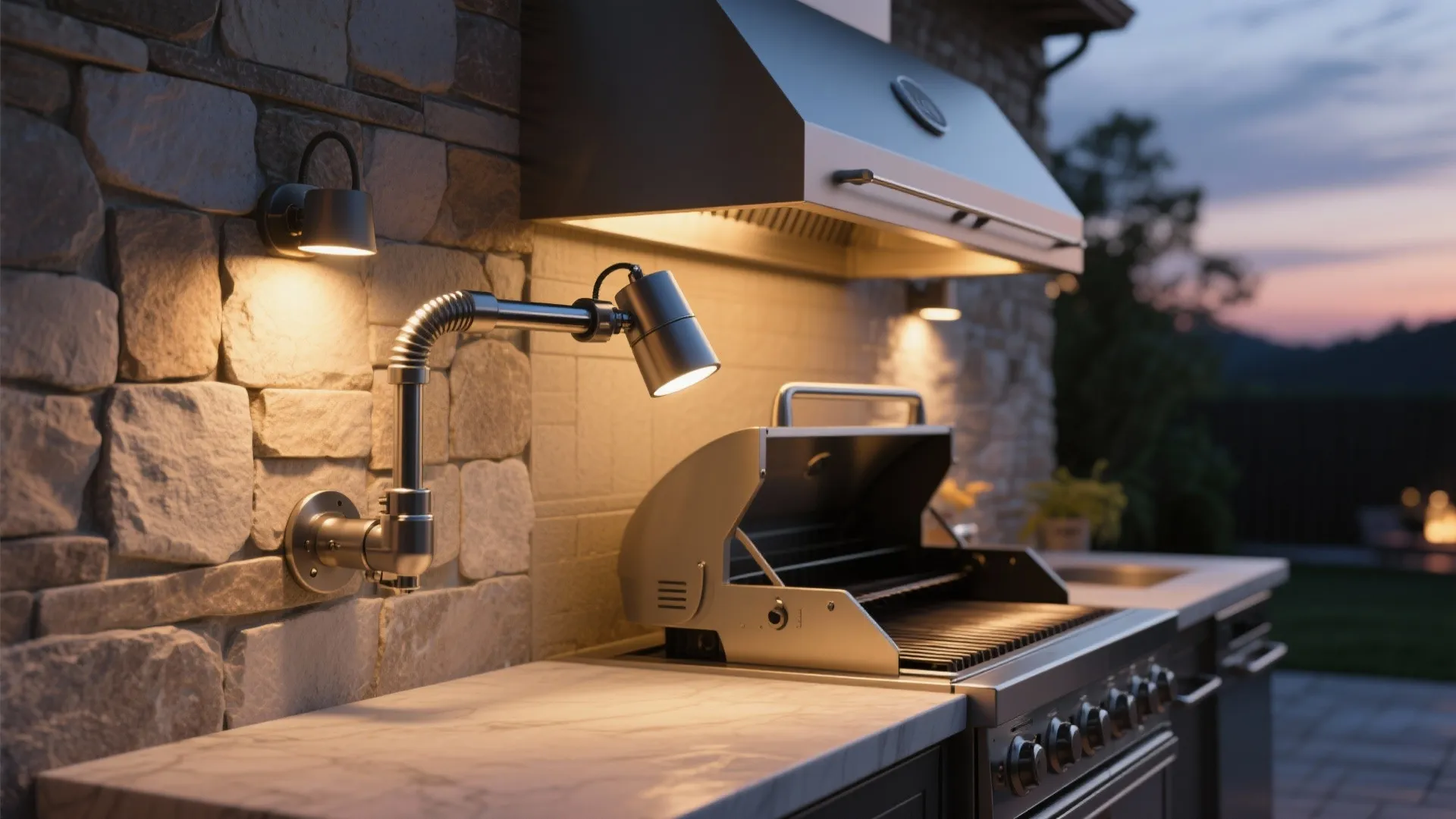 Adjustable arm wall fixture illuminating an outdoor grill and prep counter at dusk.