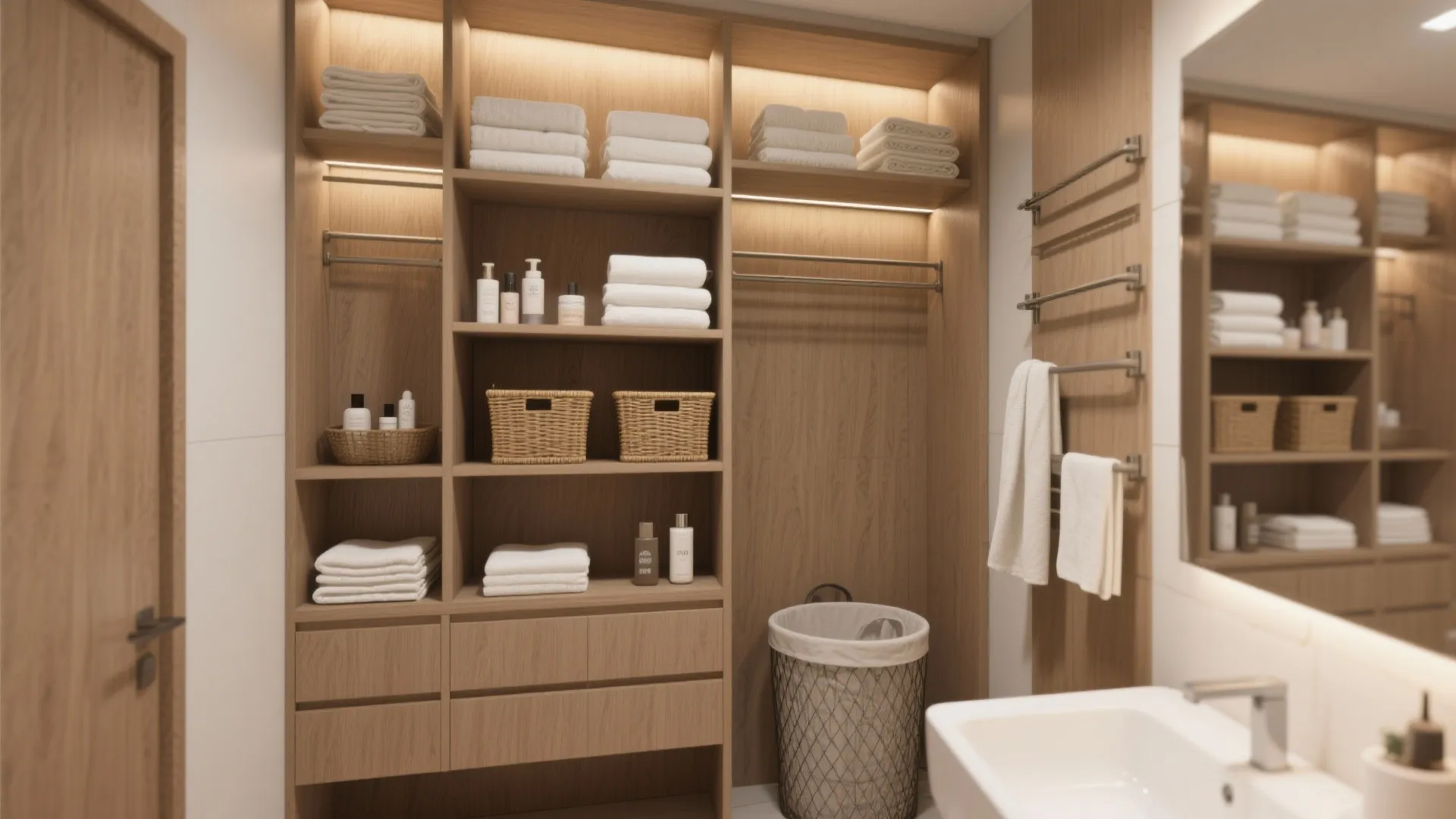 Wooden bathroom open shelving with white towels baskets and laundry basket next to white sink