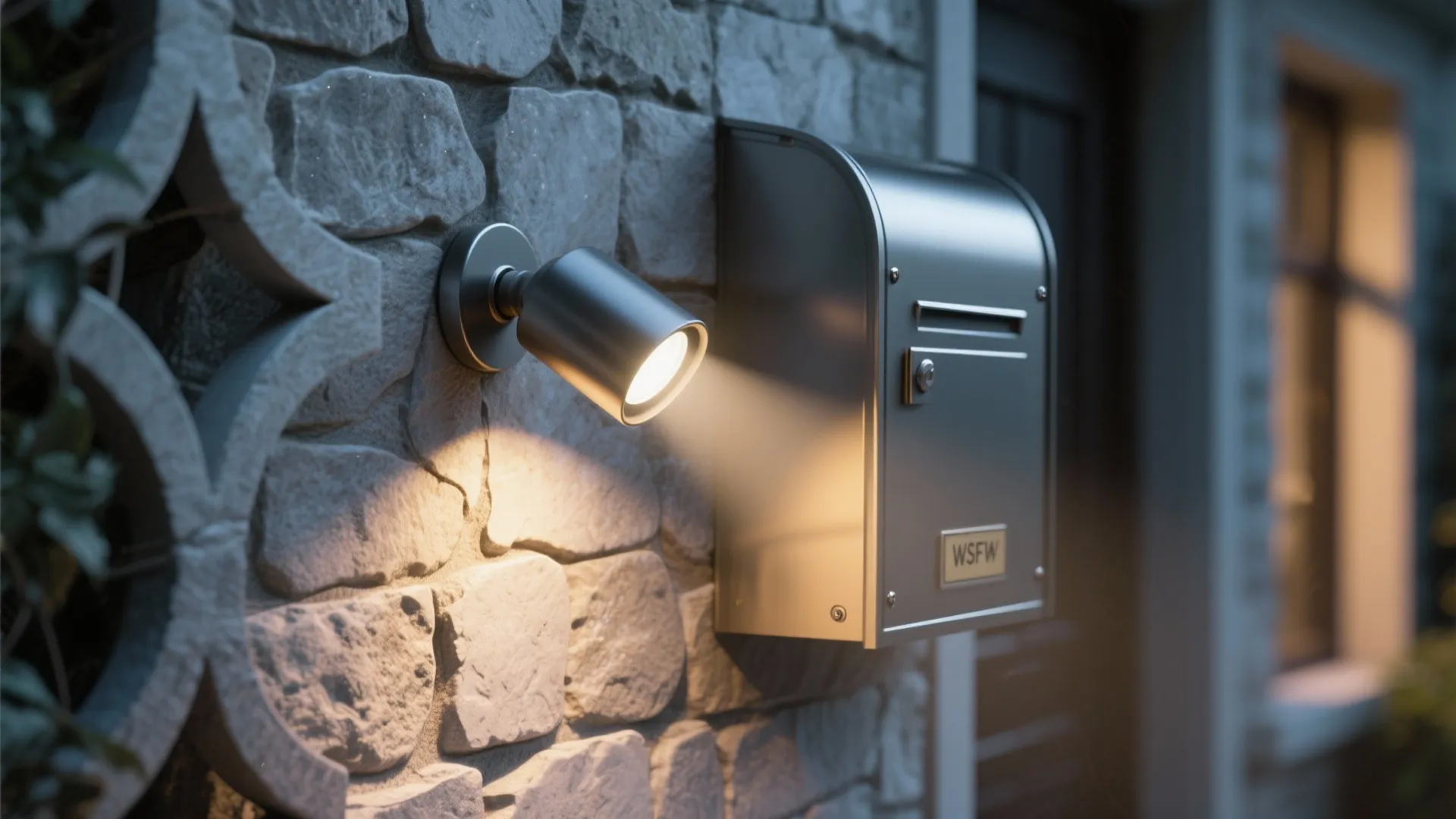 Adjustable beam wall light highlighting textured stone and a mailbox with shielded beam.