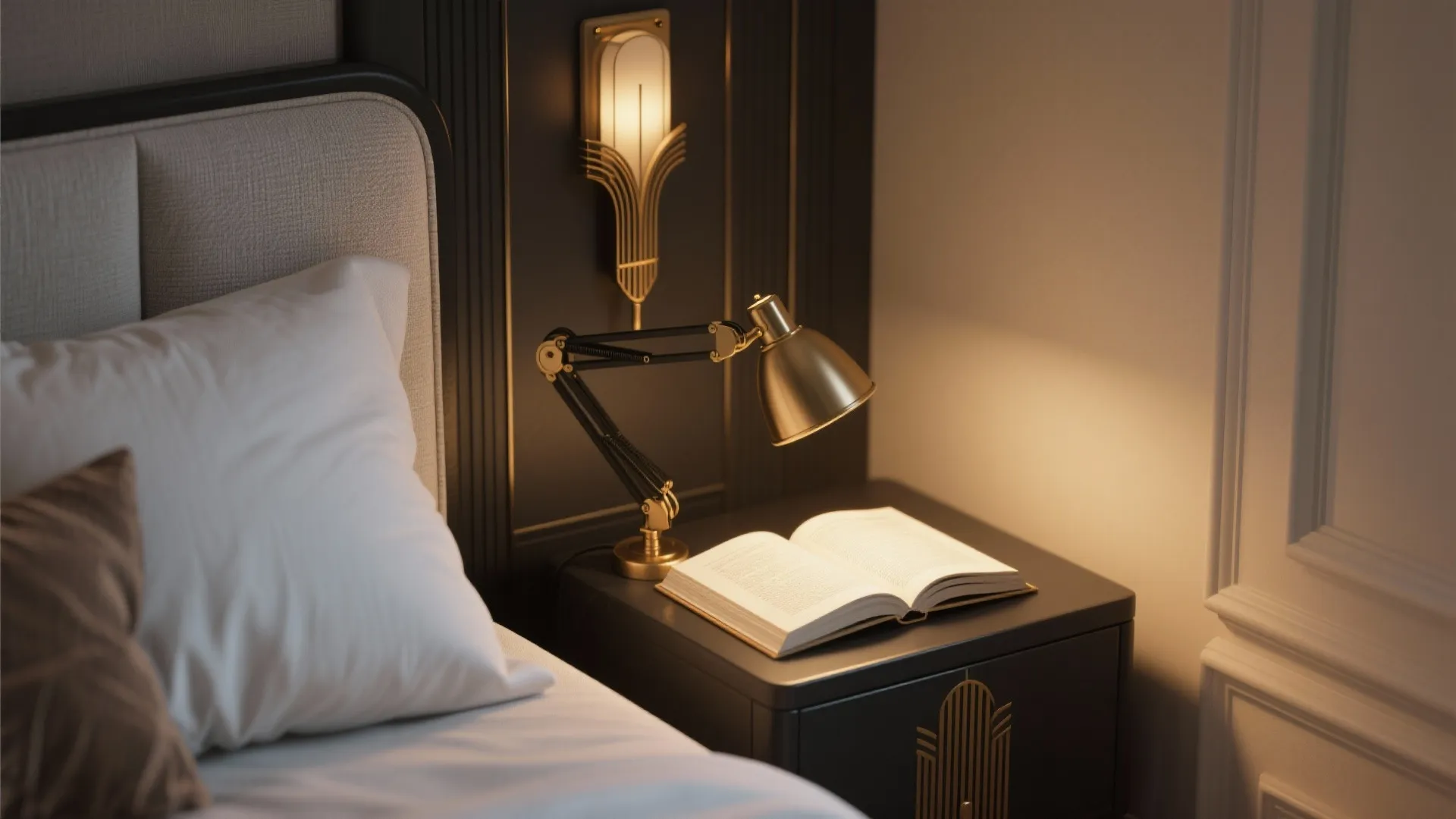 Modern bedroom with adjustable gold desk lamp on black nightstand next to white bed and book