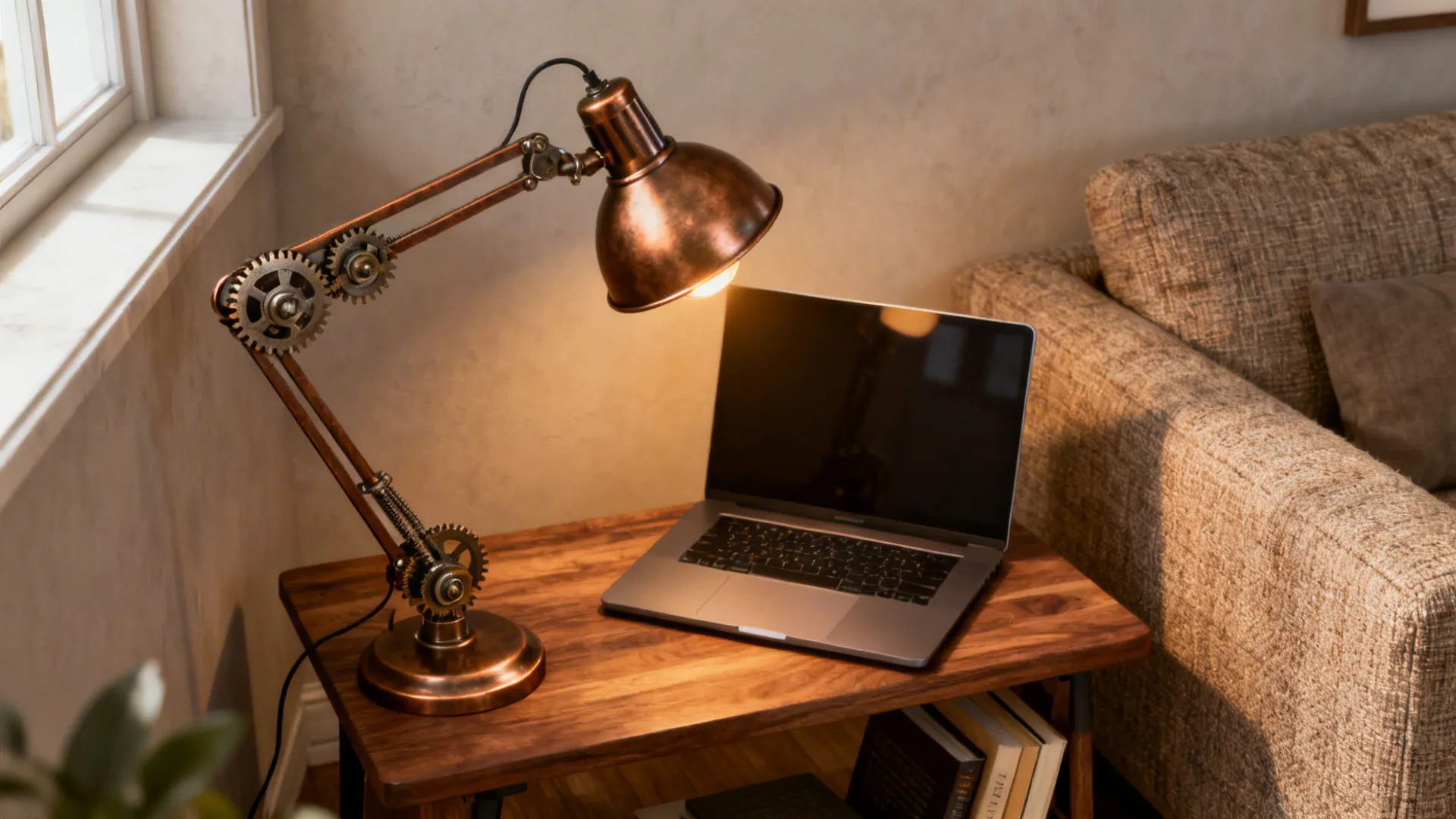 Living room desk-couch corner with an adjustable bronze task lamp providing focused work light.