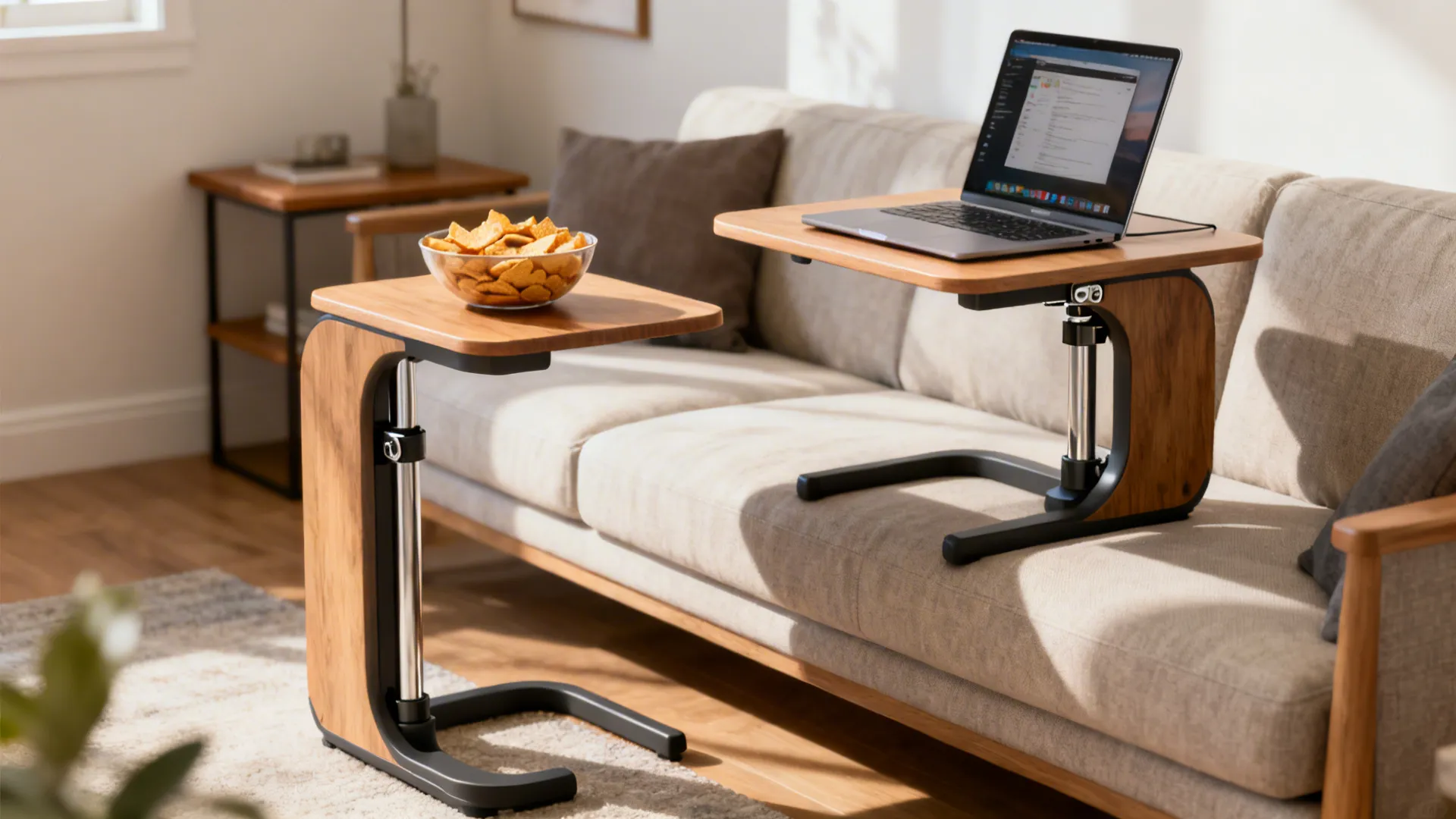 Adjustable-height C-table shown in low and raised positions used as snack stand and laptop desk.