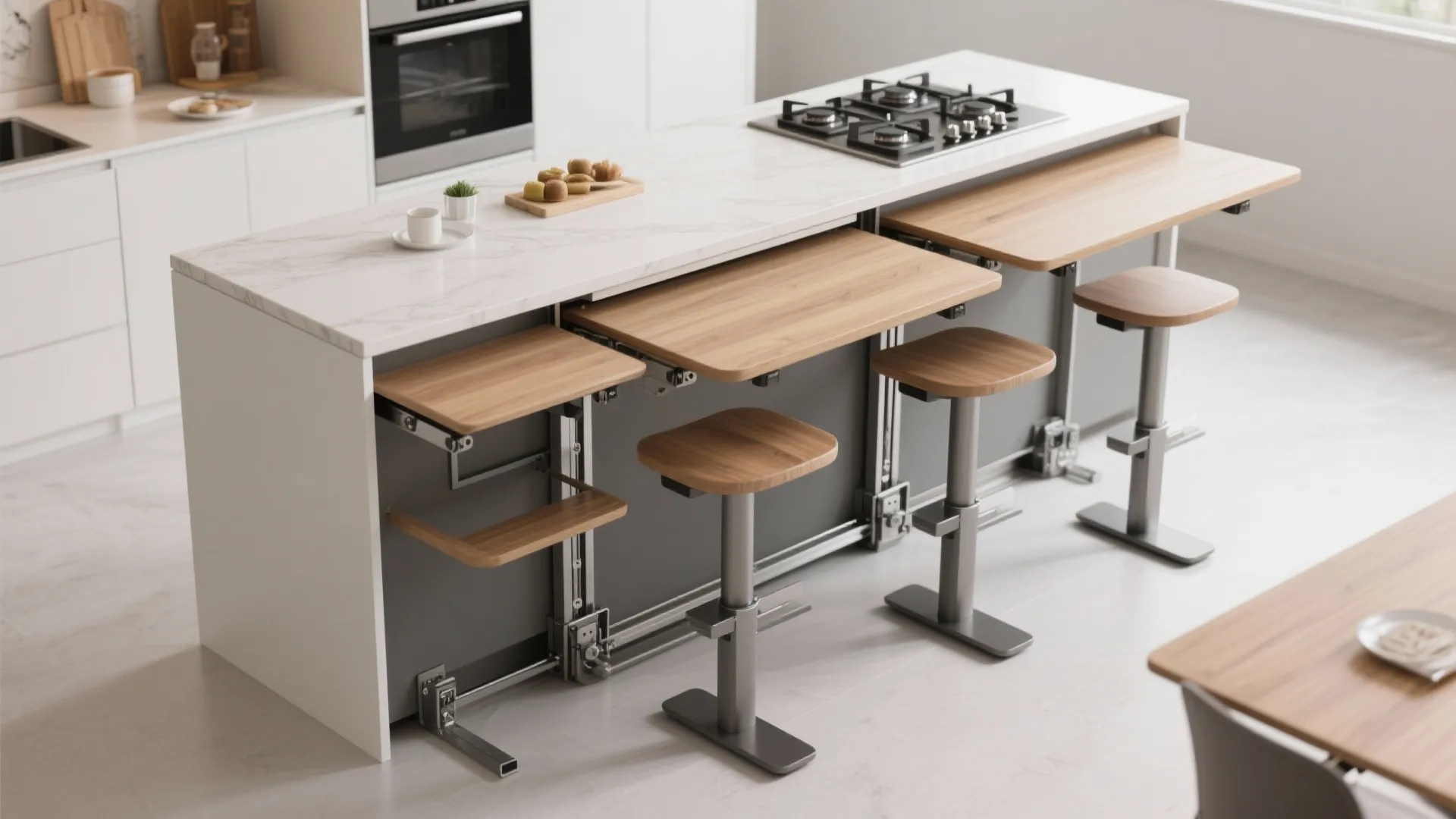 Adjustable kitchen counter changing from counter height to desk height