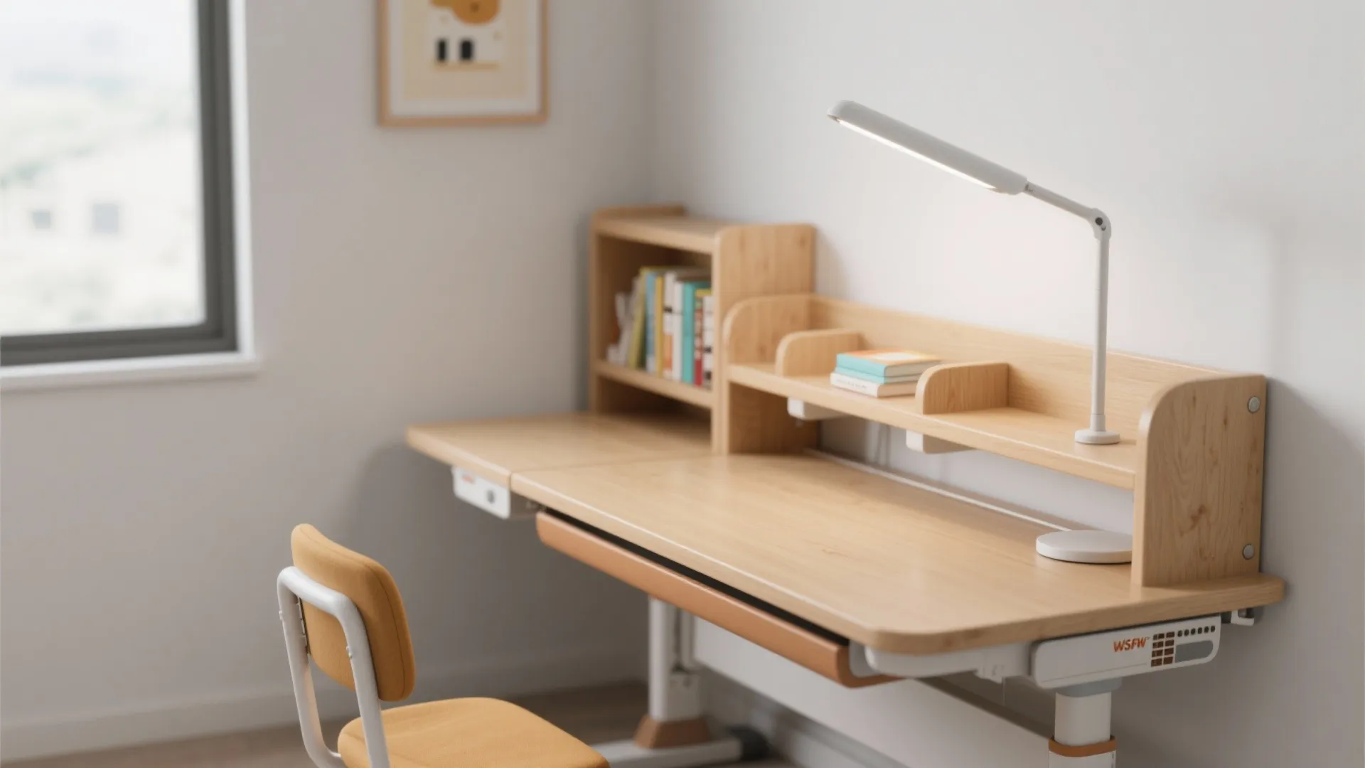 Light wood adjustable height desk with built in shelves white desk lamp and orange chair set