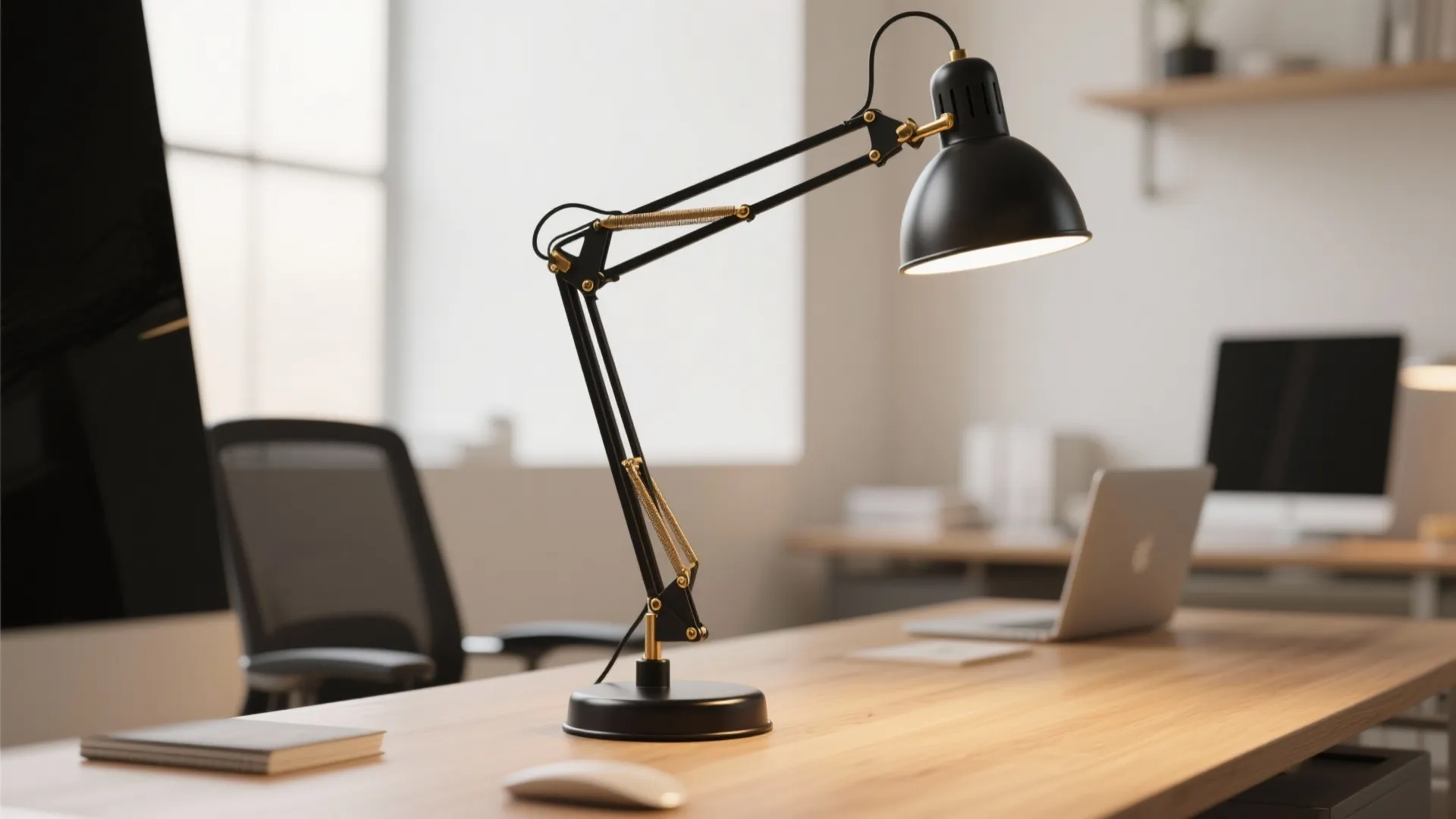 Modern adjustable desk lamp in matte black and brass on wooden desk