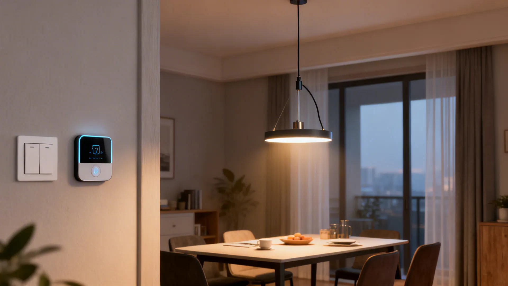 Adjustable-height dimmable pendant over a dining table showing bright and dimmed modes and a dimmer switch
