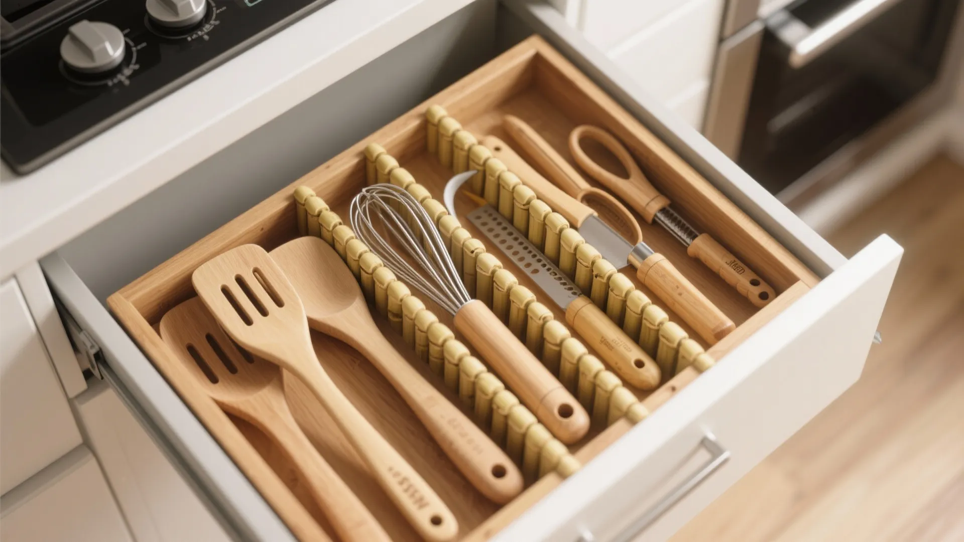 Wooden kitchen drawer with adjustable dividers organizing various wooden spoons and metal cooking tools neatly inside