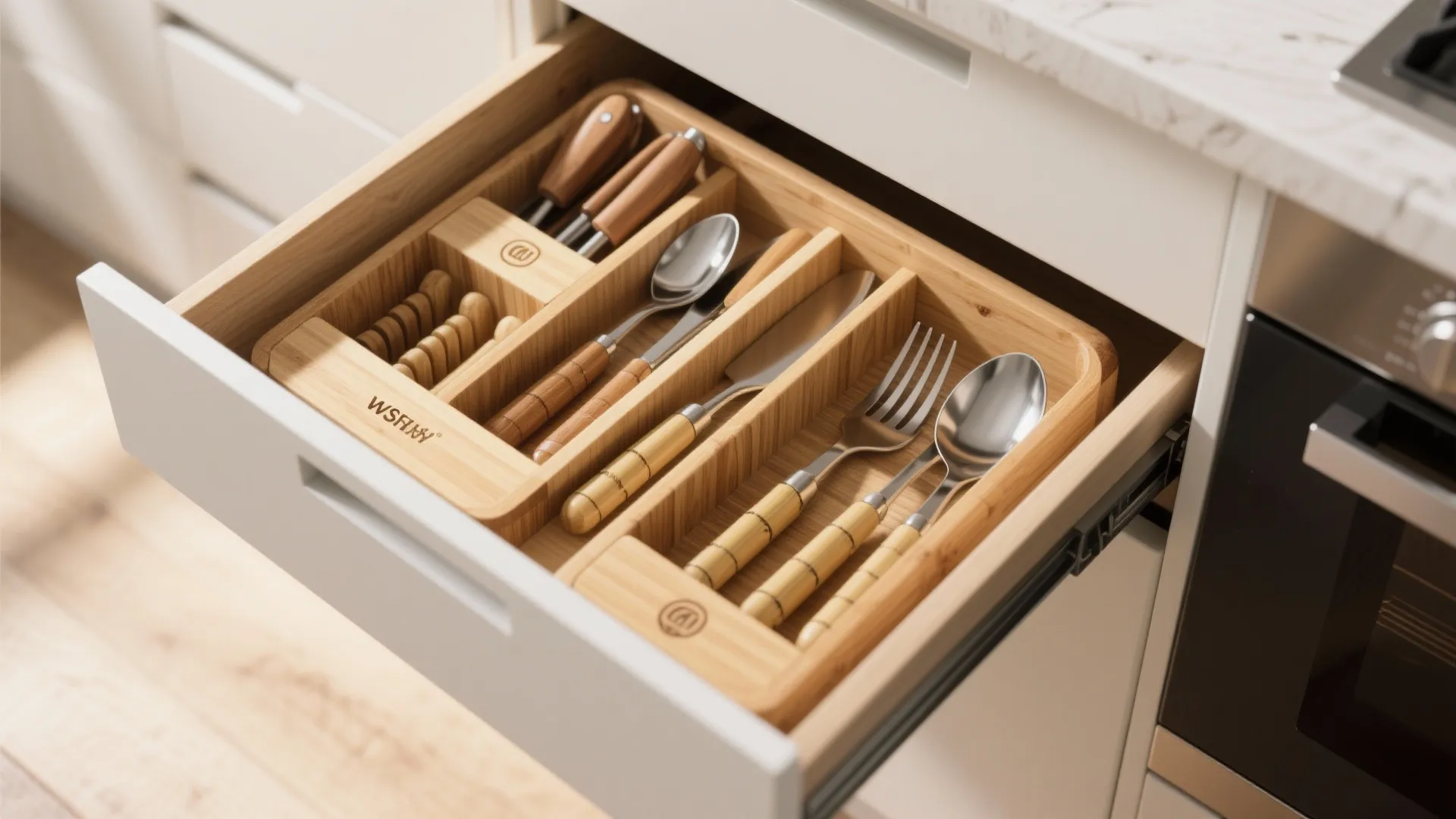 Wooden kitchen drawer organizer with separate compartments holding various metal forks spoons and sharp knives