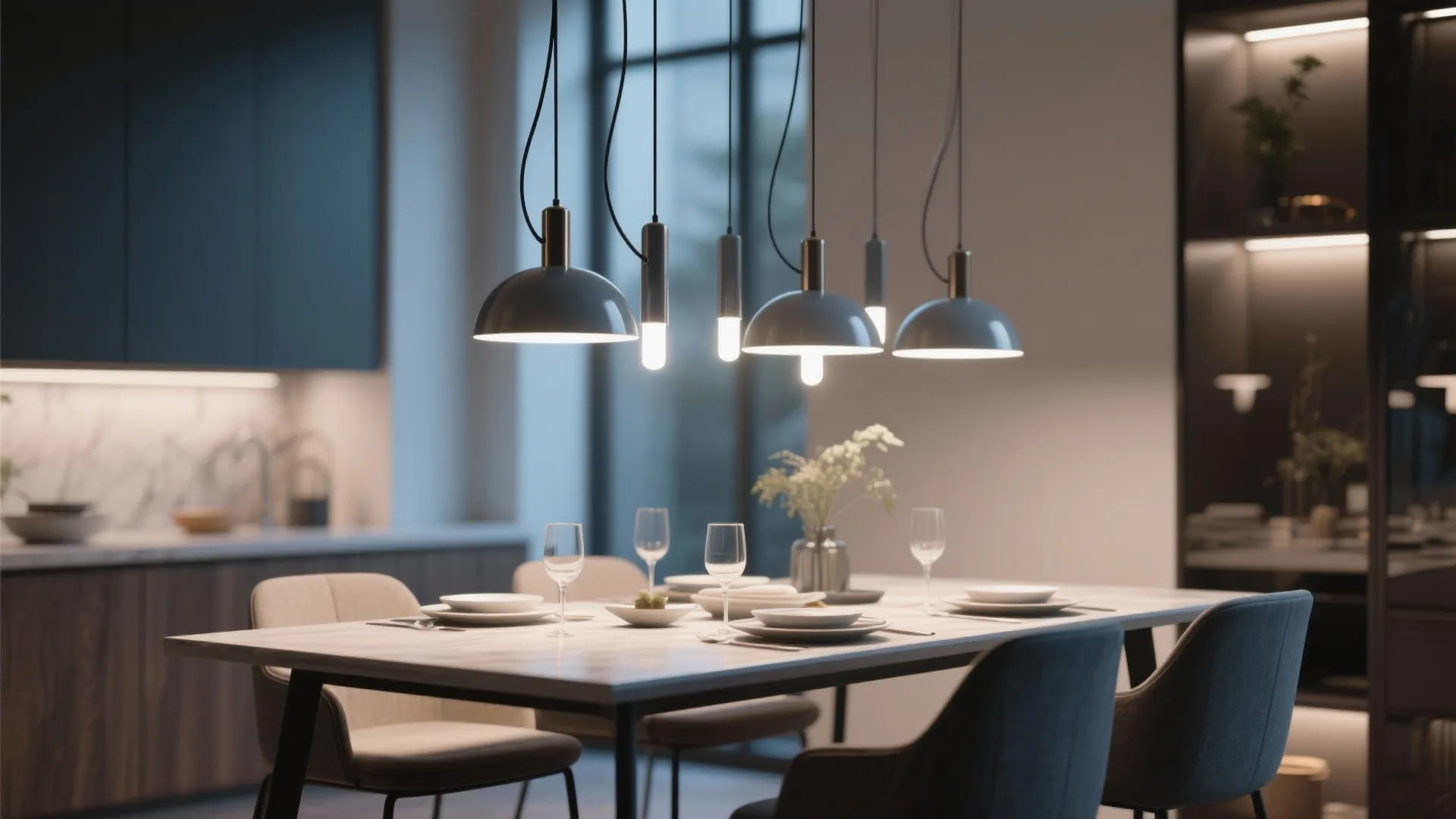 Contemporary kitchen with dining table and chairs under several grey and white modern ceiling light fixtures