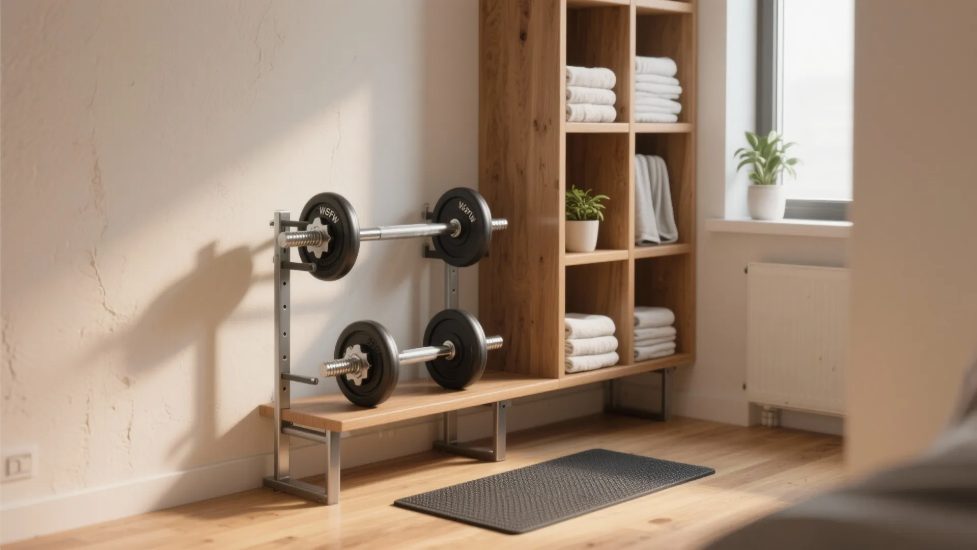 2. Adjustable dumbbells with a neat storage corner