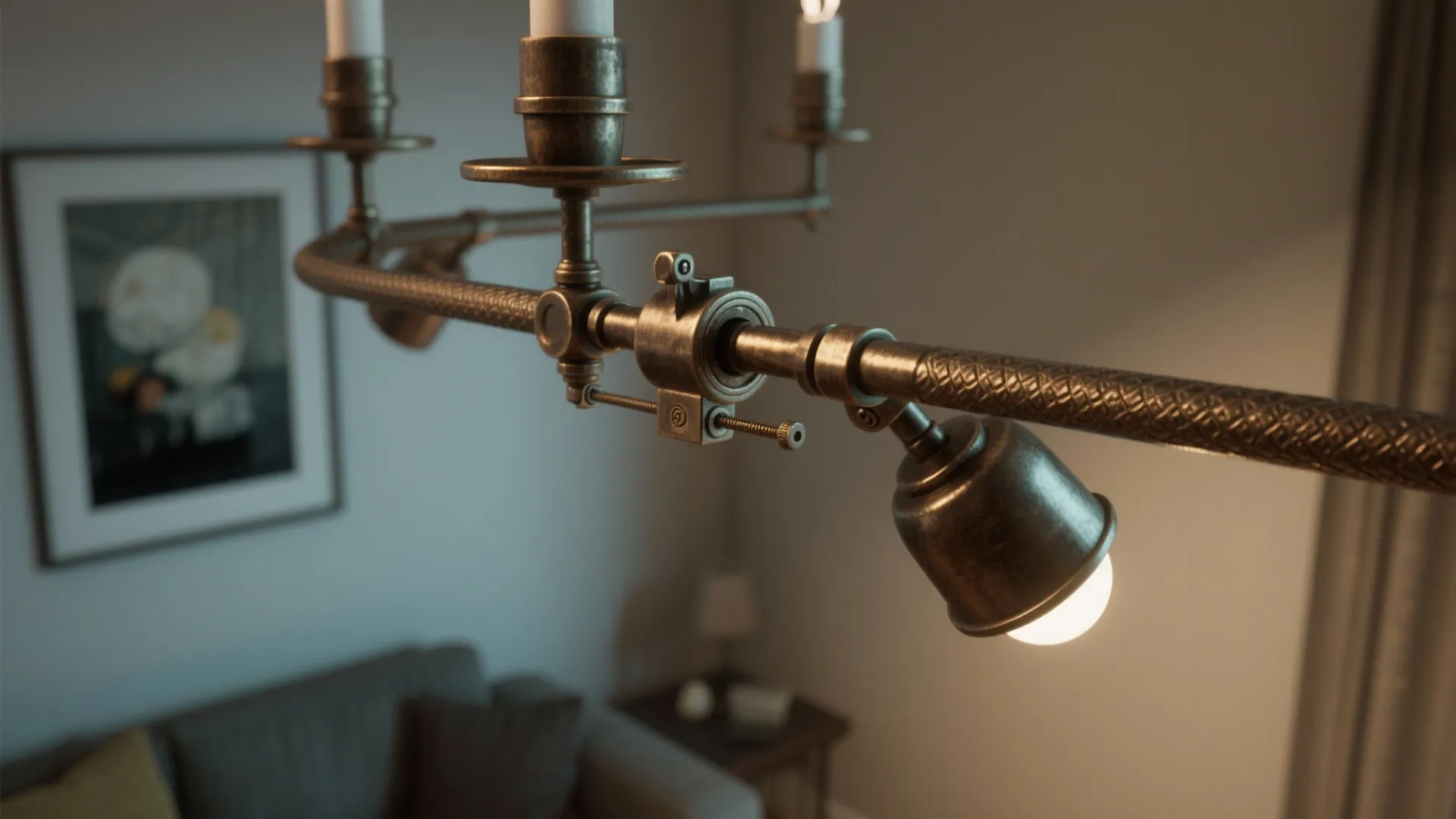 Close-up of an adjustable chandelier rod and swivel arm highlighting directional lighting hardware.