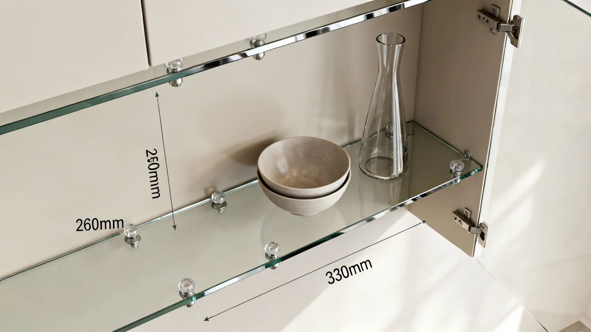 Top-down view of a cabinet with adjustable tempered glass shelves holding bowls and a tall carafe.