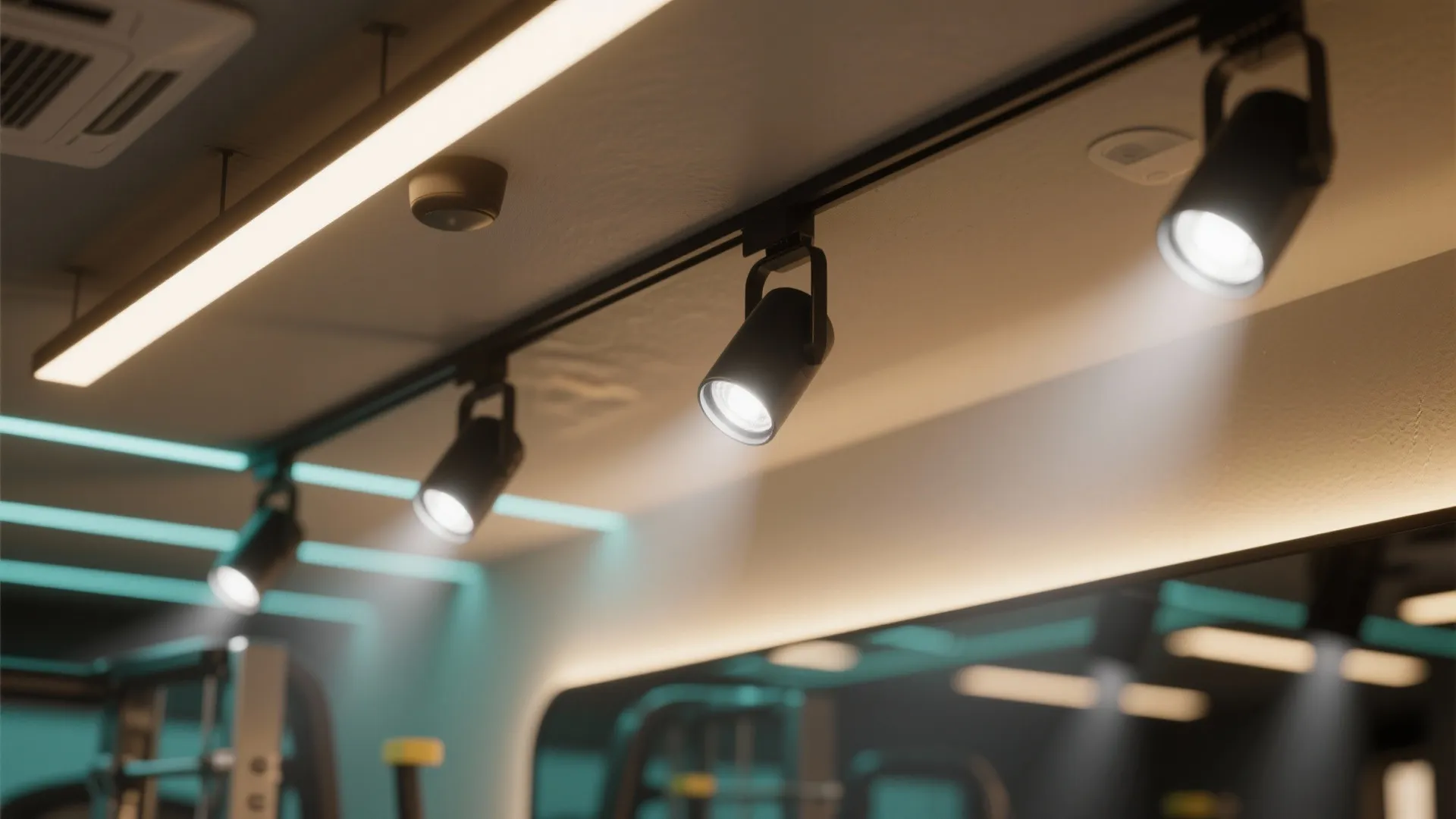 Modern ceiling track light fixture with three black spotlights and a linear light in home gym