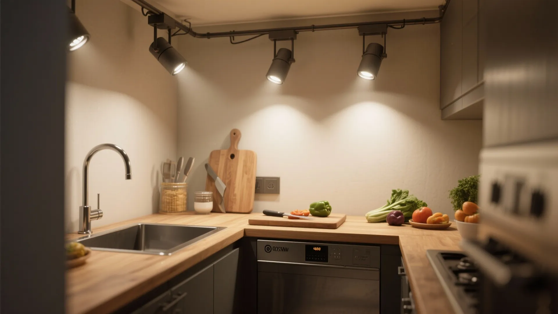 Close up of small kitchen with black track lighting shining on wooden countertops and vegetables