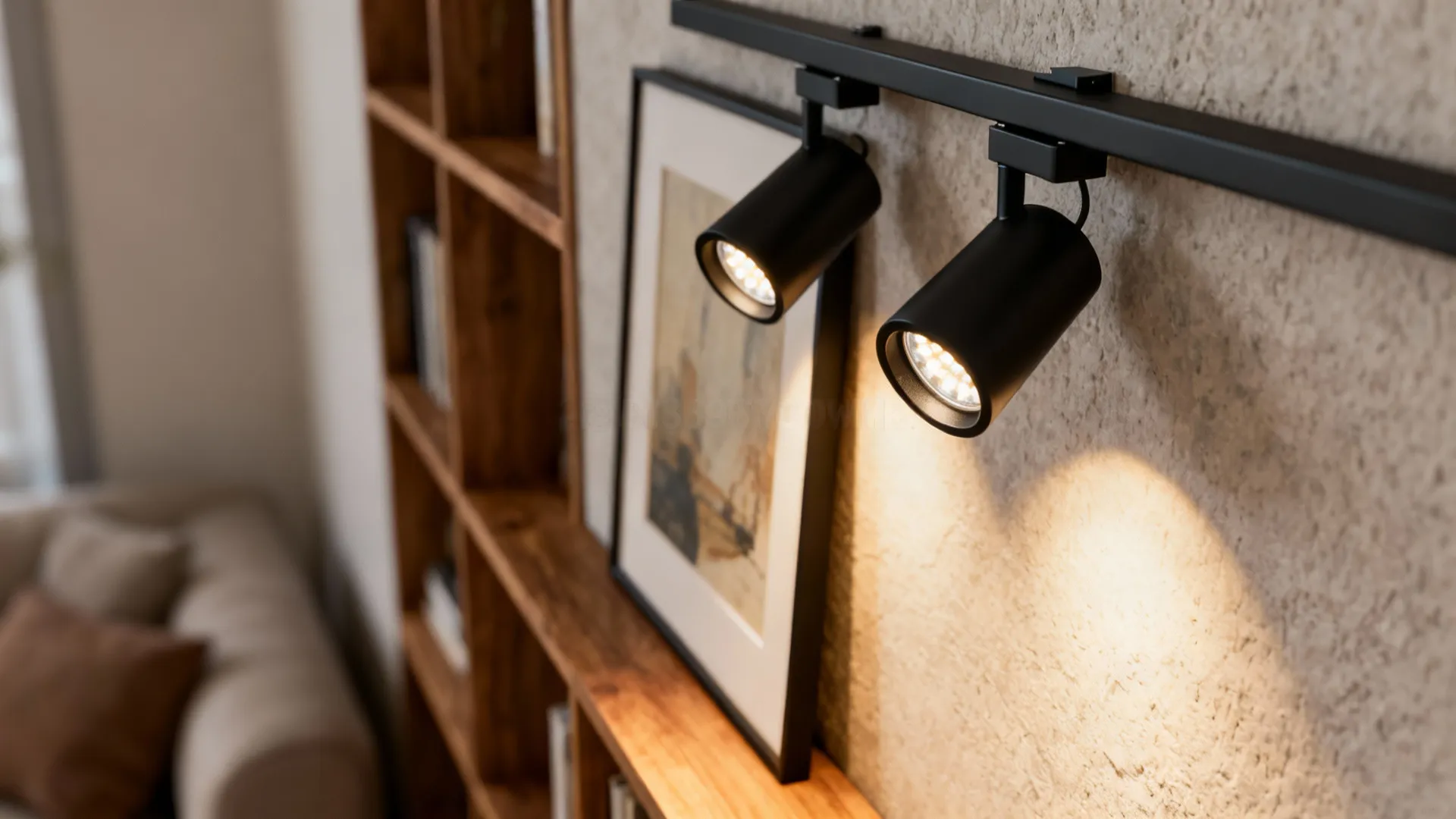 Macro view of adjustable track heads casting warm accent light on artwork and bookshelf.
