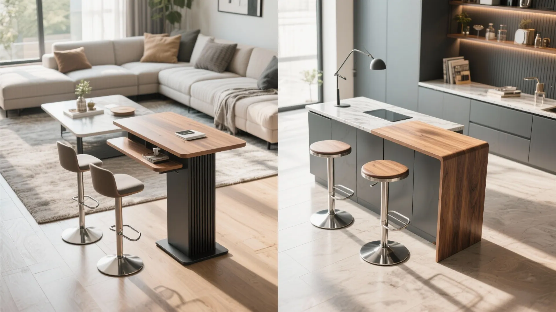 Top-down view of adjustable height bar table in living room