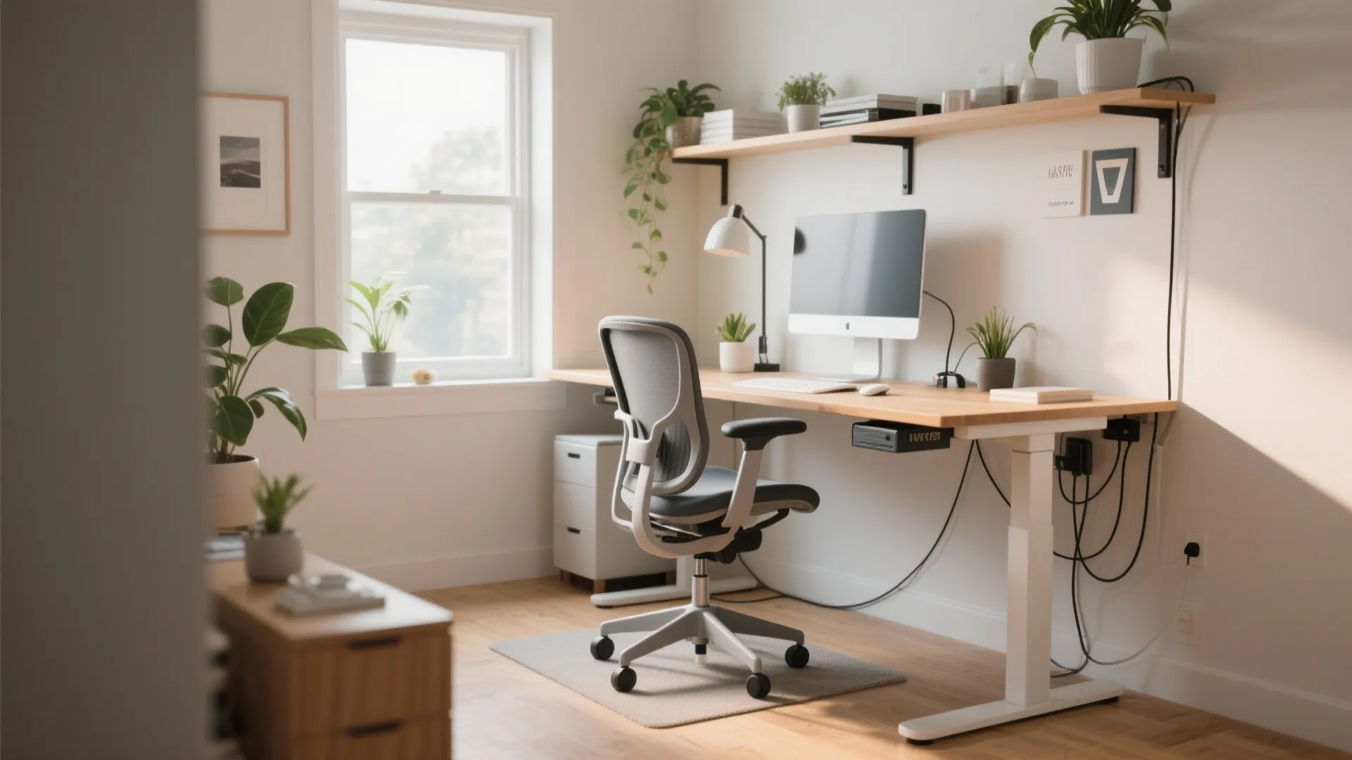 Modern home office with height adjustable desk grey chair computer and wooden wall mounted shelves