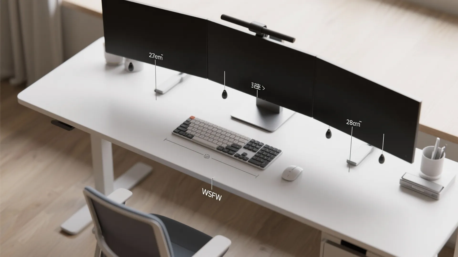 White standing desk with three computer screens and measurement lines showing furniture dimensions and room layout