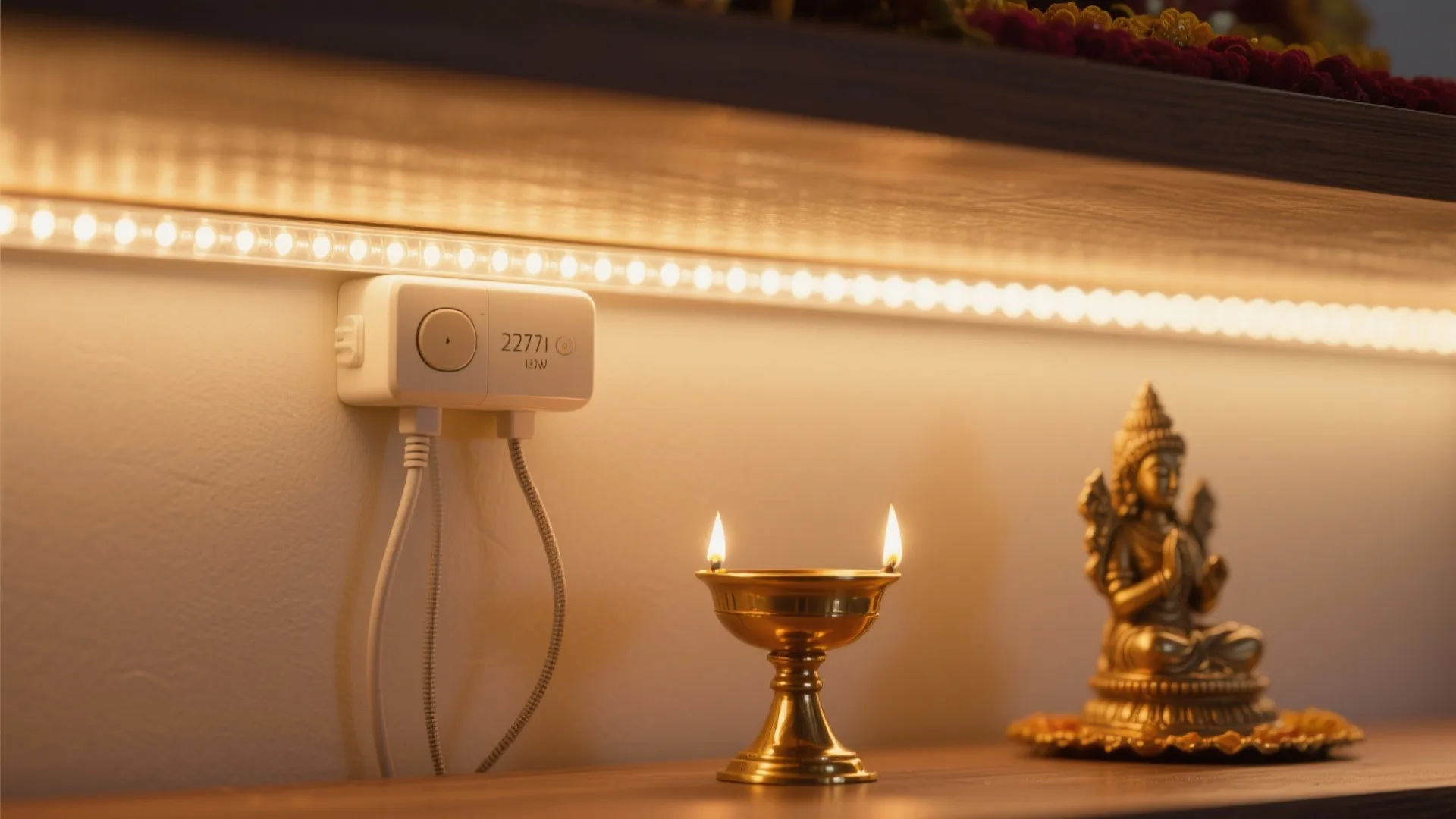 Macro of a warm adjustable LED strip under a pooja shelf illuminating a brass diya gently.