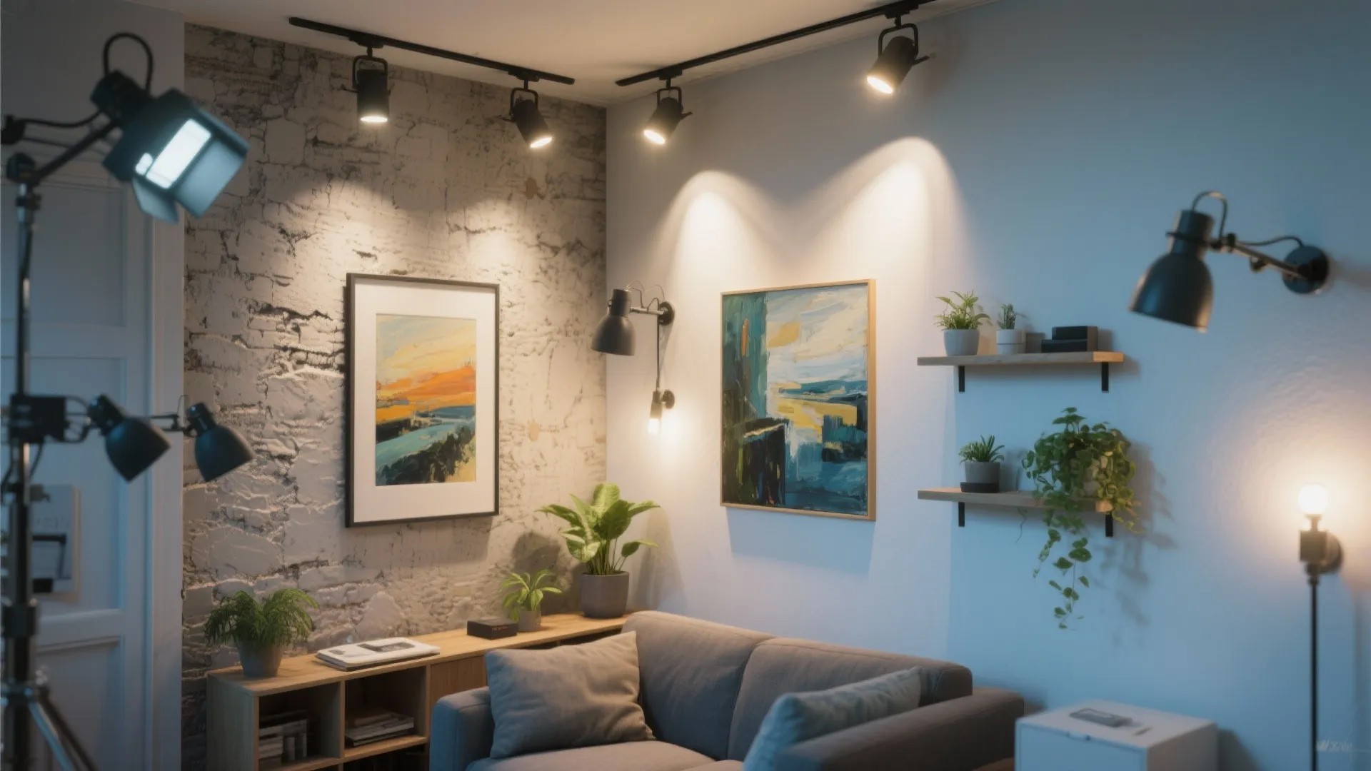 Modern studio living room with grey sofa and adjustable track light fixtures illuminating colorful wall art