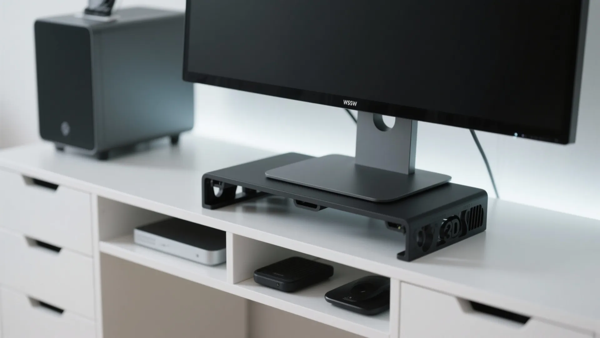 Black computer monitor riser sitting on white desk holding large screen with drawers in background