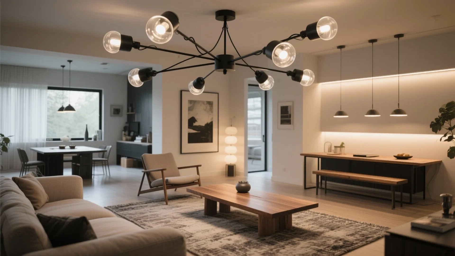 Adjustable multi-light chandelier for flexible zones