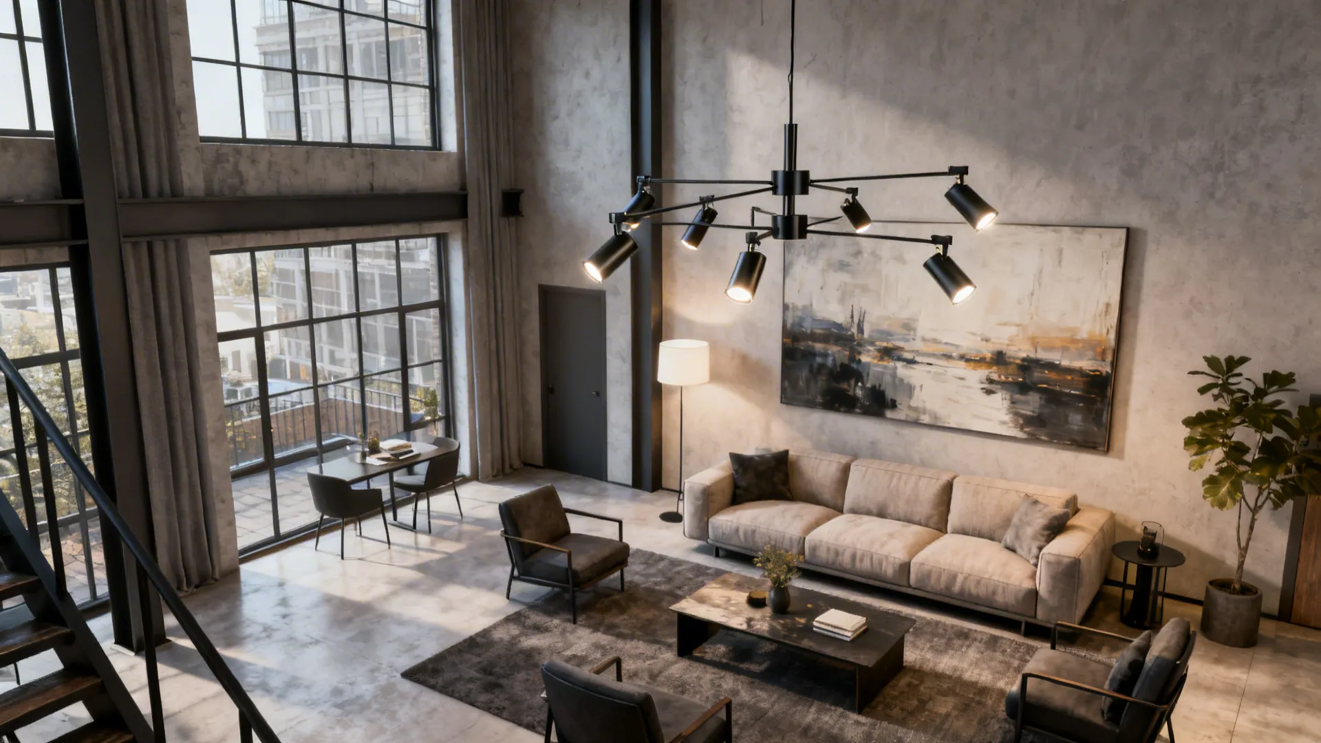 Loft living room with an adjustable multi-arm chandelier directing light to different zones